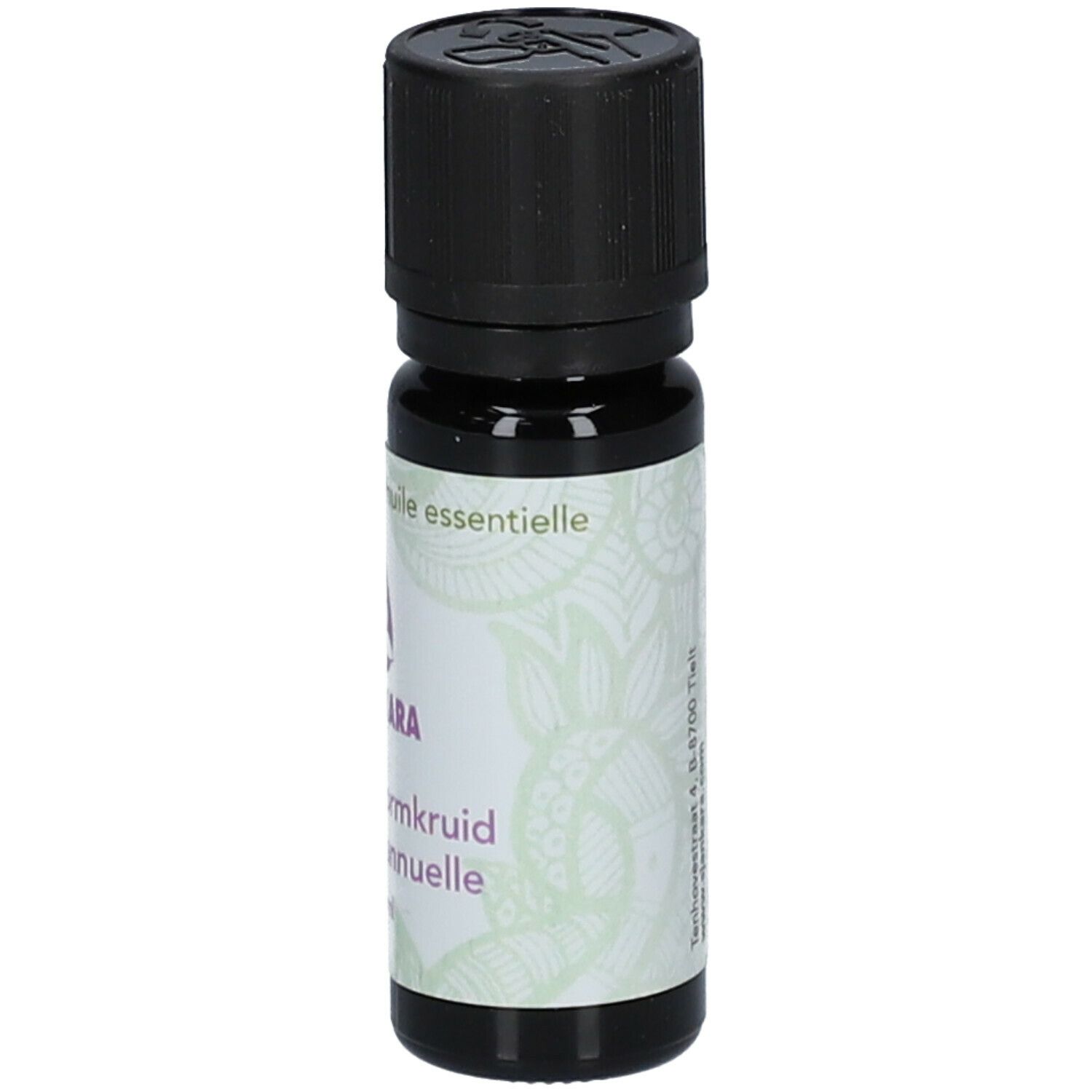Bruine fles met zwarte dop. Etiket met productnaam en logo. Essentiële olie.