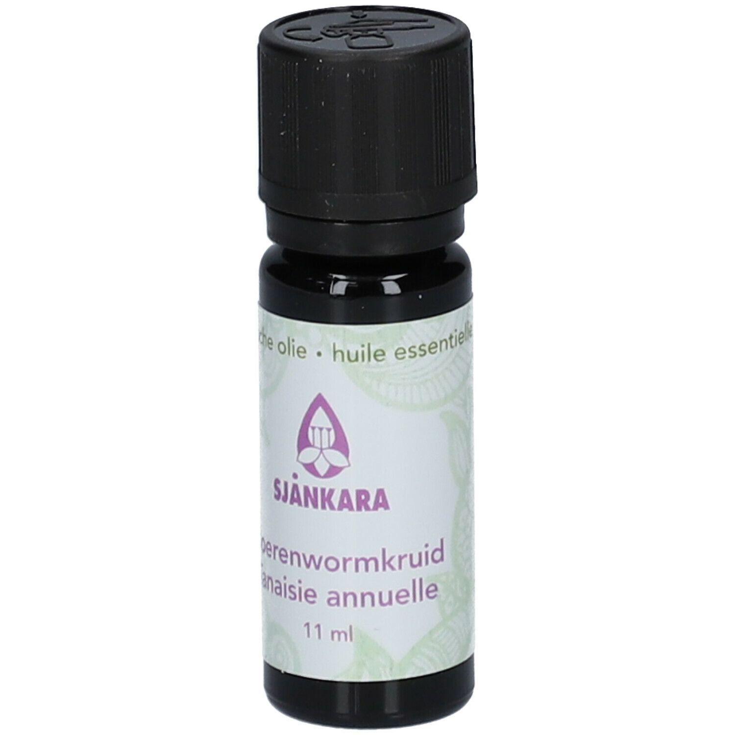 Bruine fles met zwarte dop. Etiket met productnaam, logo en volume: 11 ml.