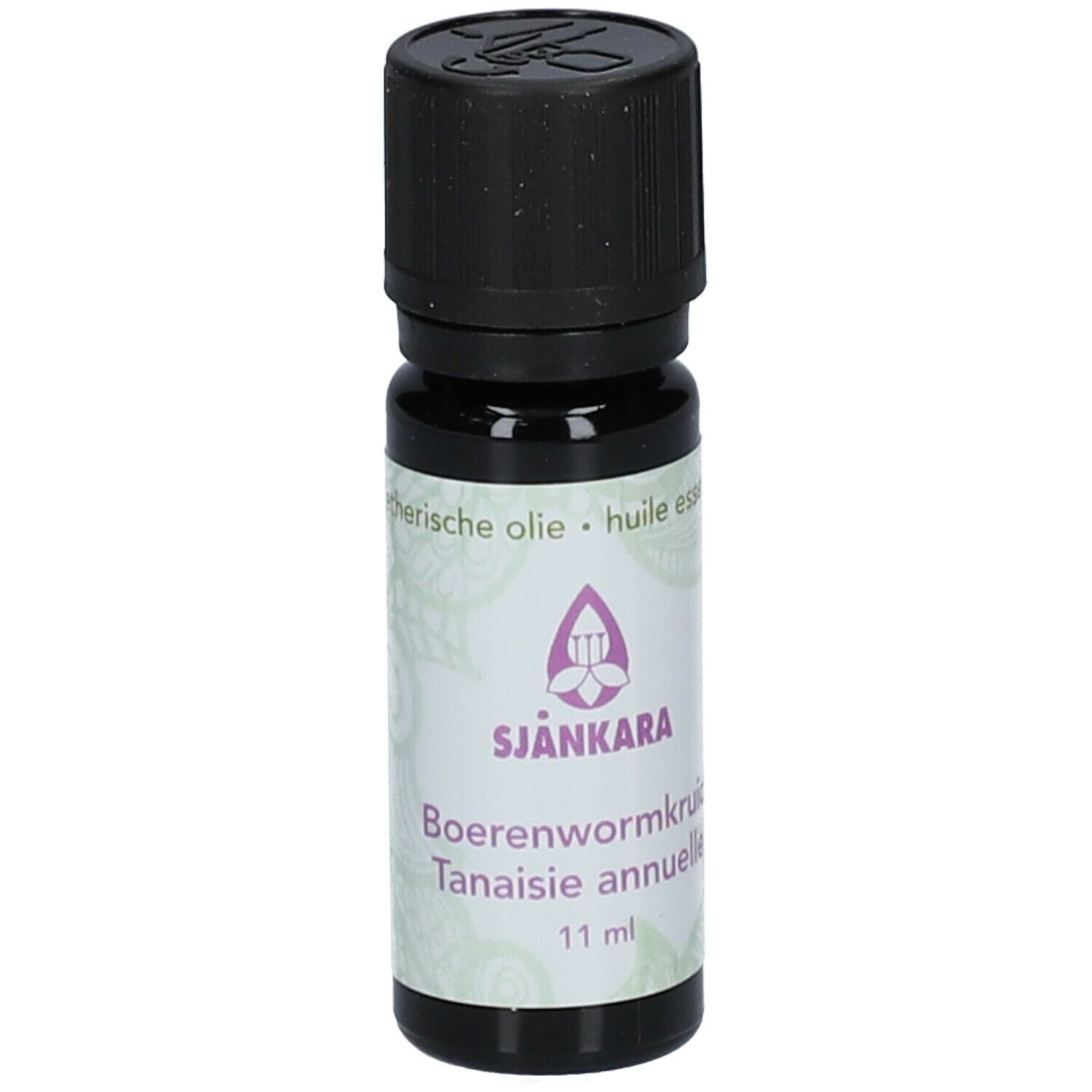 Bruine fles met zwarte dop. Etiket met productnaam, logo en volume: 11 ml.