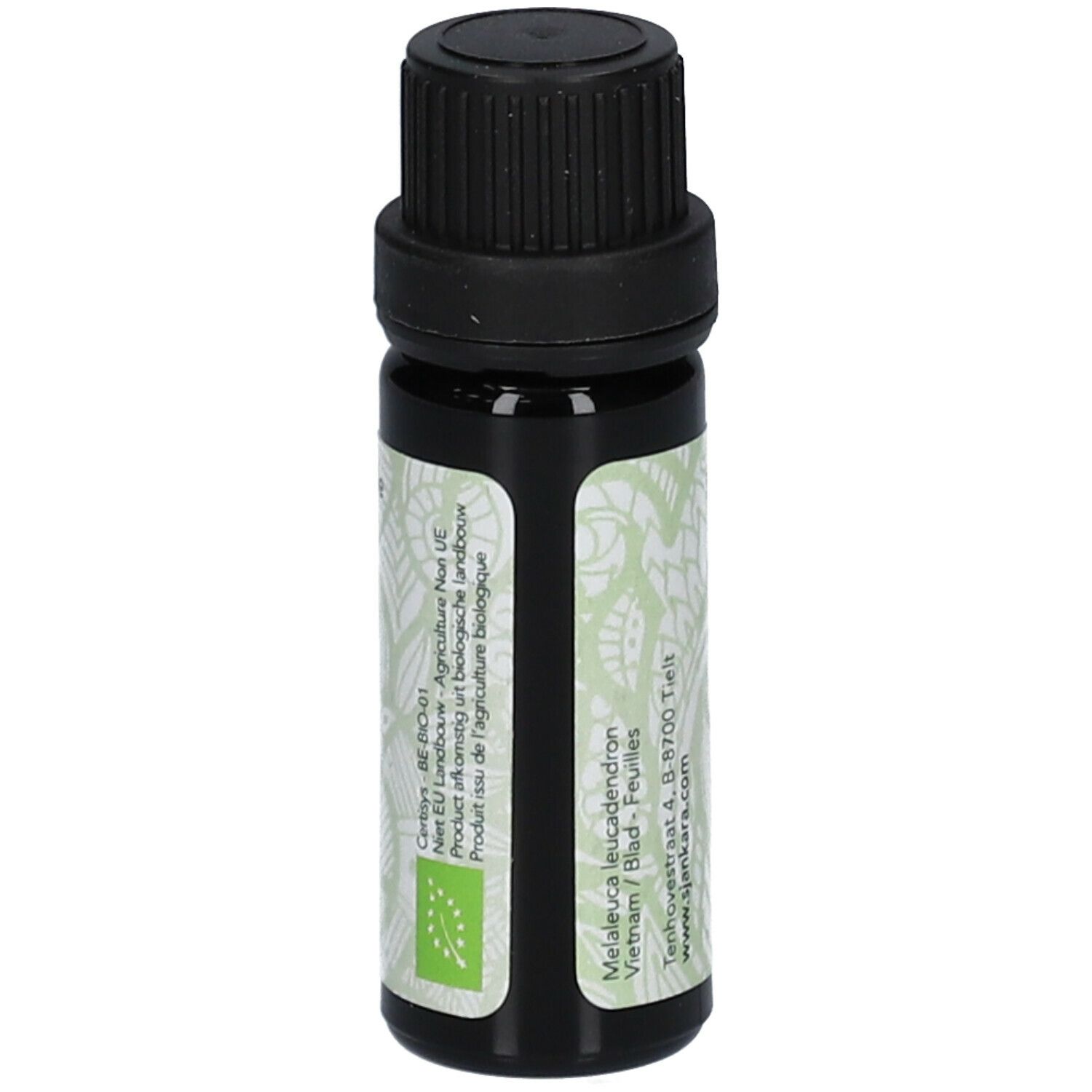 Braune Glasflasche mit schwarzem Verschluss. Etikett mit Bio-Zertifizierung und botanischem Namen.