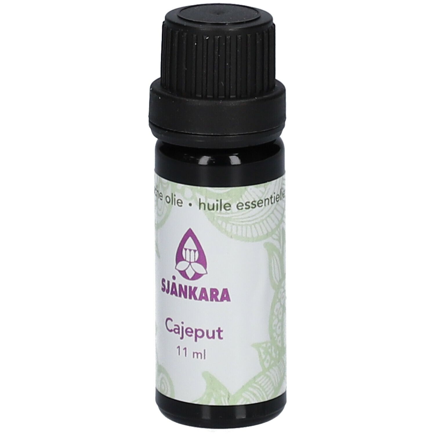 Braune Glasflasche mit schwarzem Verschluss. Etikett mit Produktnamen, Logo und Volumenangabe: 11 ml.