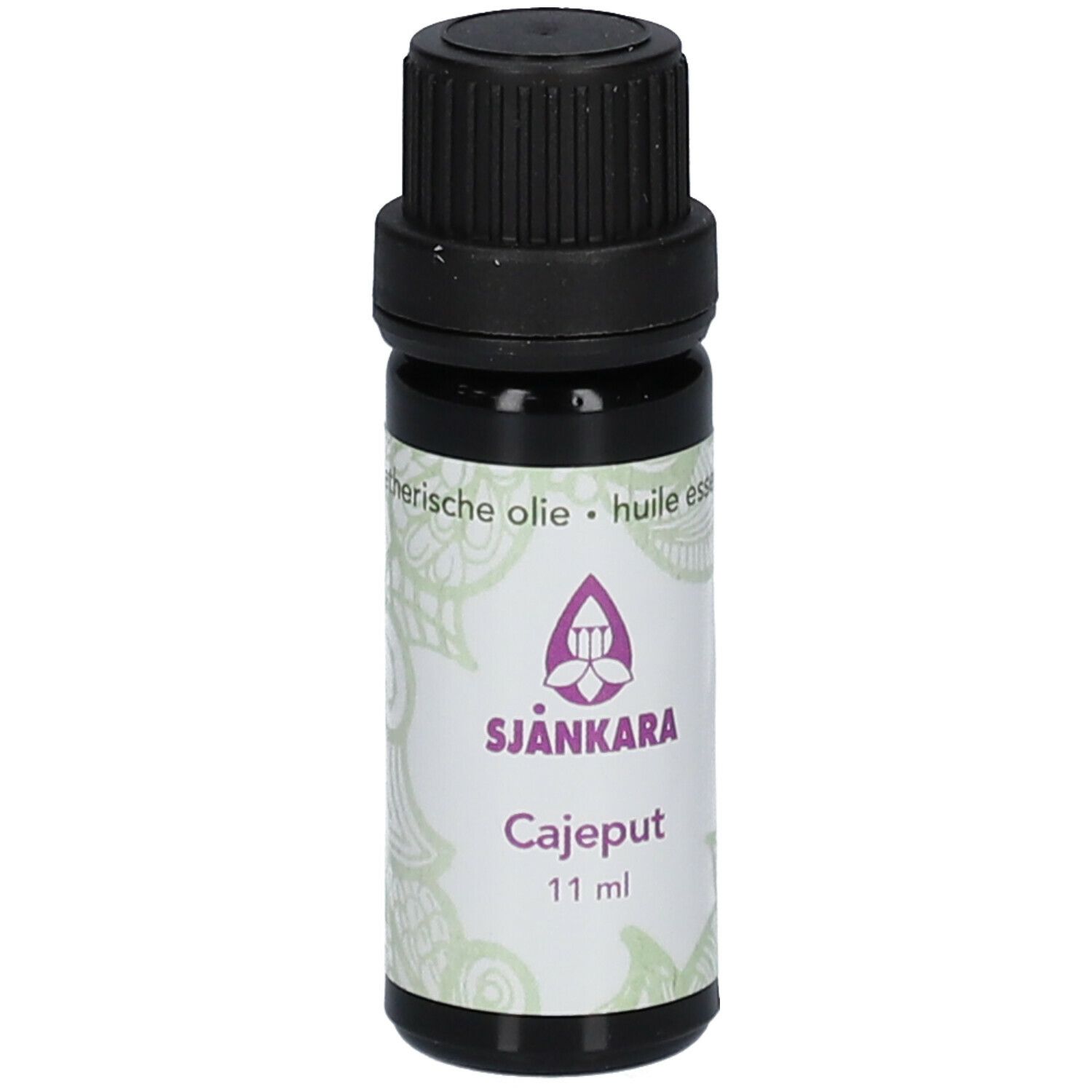 Braune Glasflasche mit schwarzem Verschluss. Etikett mit Produktnamen, Logo und Volumenangabe: 11 ml.