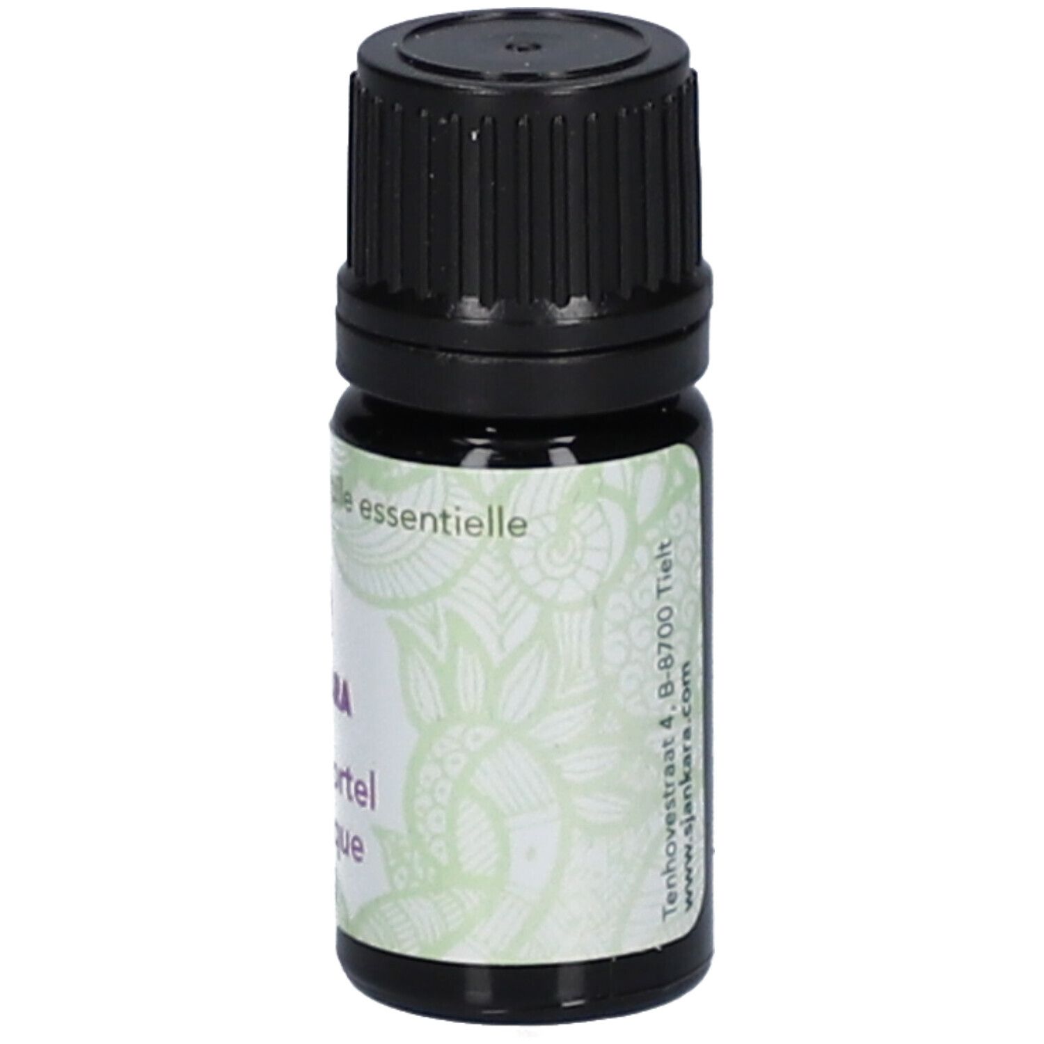 Bruine glazen fles met zwarte dop. Etiket met productnaam en merk Sjankara. 2,5 ml.