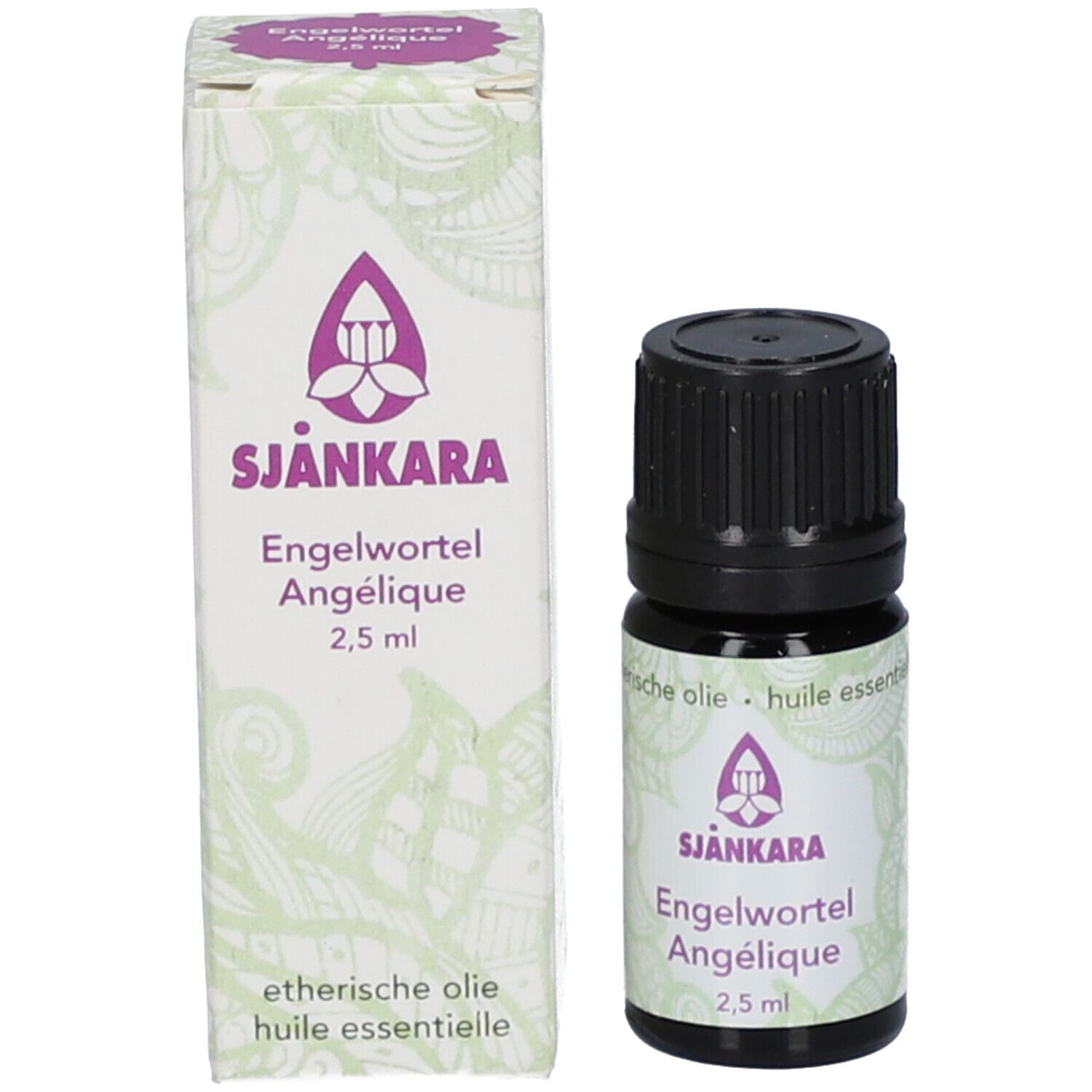 Bruine glazen fles en verpakking. Verpakking met productnaam, merk Sjankara en 2,5 ml. Fles ernaast.