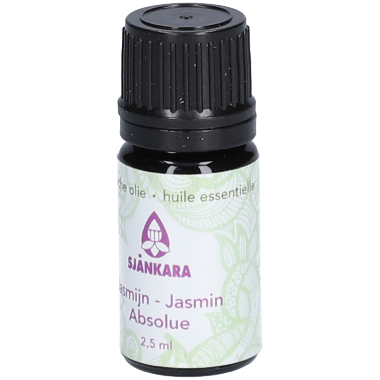 Braune Glasflasche mit schwarzem Deckel. Etikett mit Text: SJANKARA, Jasmin Absolue, 2,5 ml.