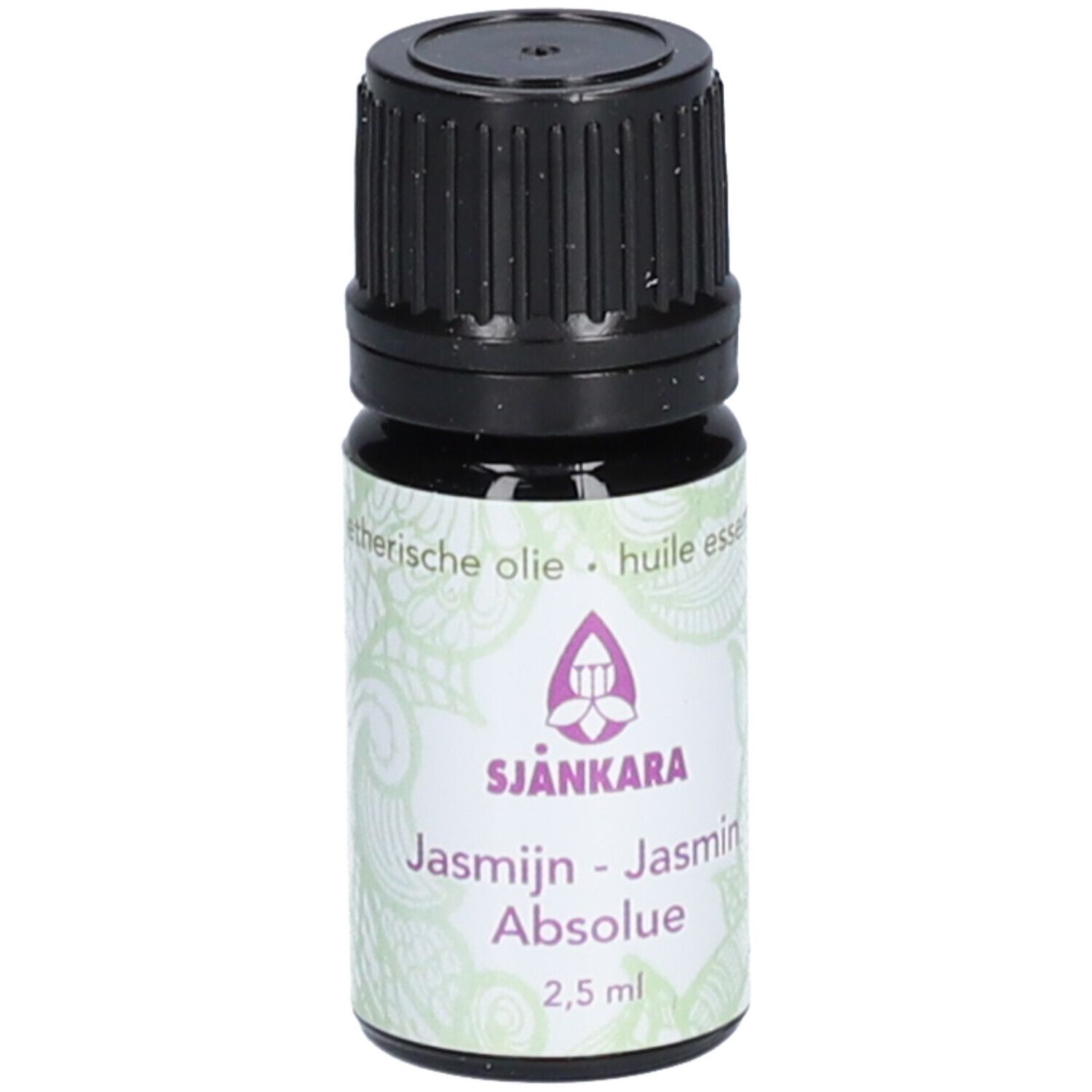 Braune Glasflasche mit schwarzem Deckel. Etikett mit Text: SJANKARA, Jasmin Absolue, 2,5 ml.