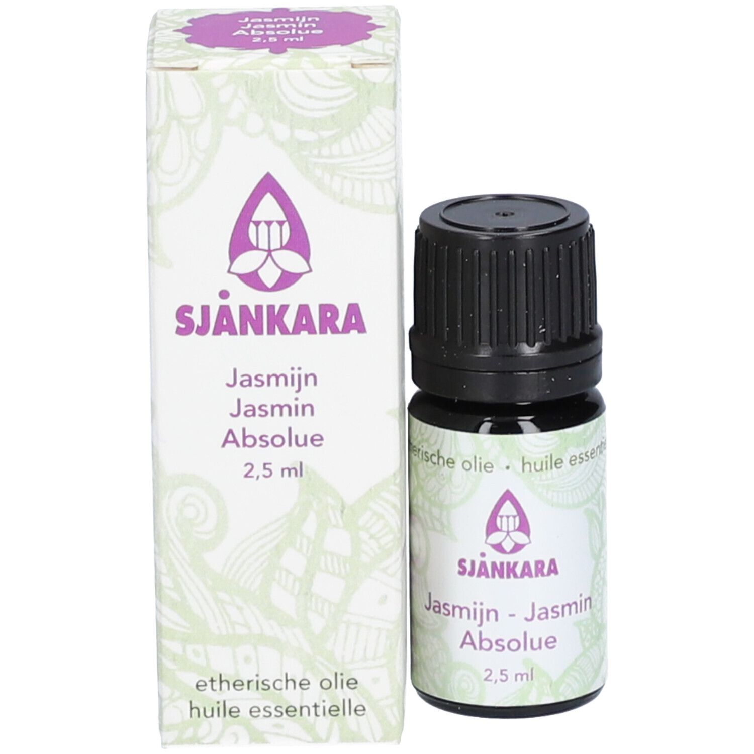 Braune Glasflasche und Schachtel. Schachtel mit Text: SJANKARA, Jasmin Absolue, 2,5 ml. Flasche daneben.