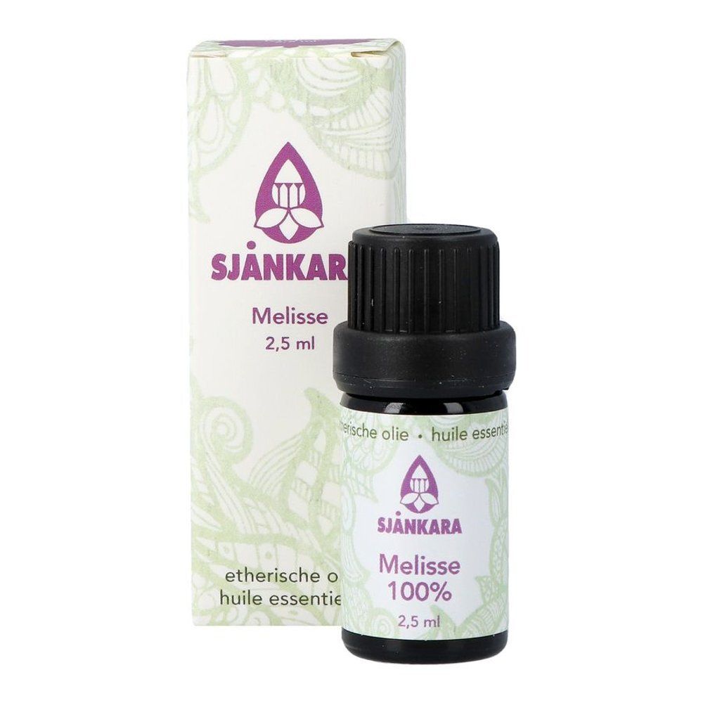 Flacon et emballage. Flacon: Mélisse 100%, 2,5 ml. Emballage: Marque Sjankara, Mélisse 2,5 ml.