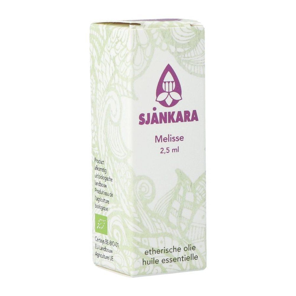 Productverpakking. Merk Sjankara, Melisse 2,5 ml. Tekst: etherische olie.