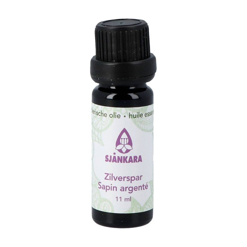 Flesje etherische olie. Opschrift: SJANKARA, Zilverspar Sapin argenté, 11 ml.