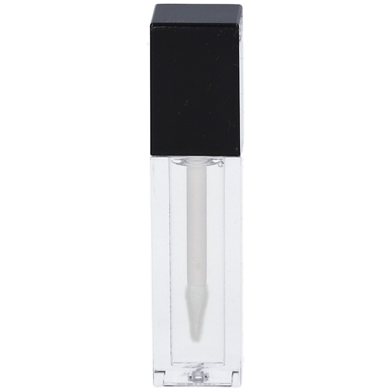 Transparante lipgloss tube met zwarte dop en applicator.