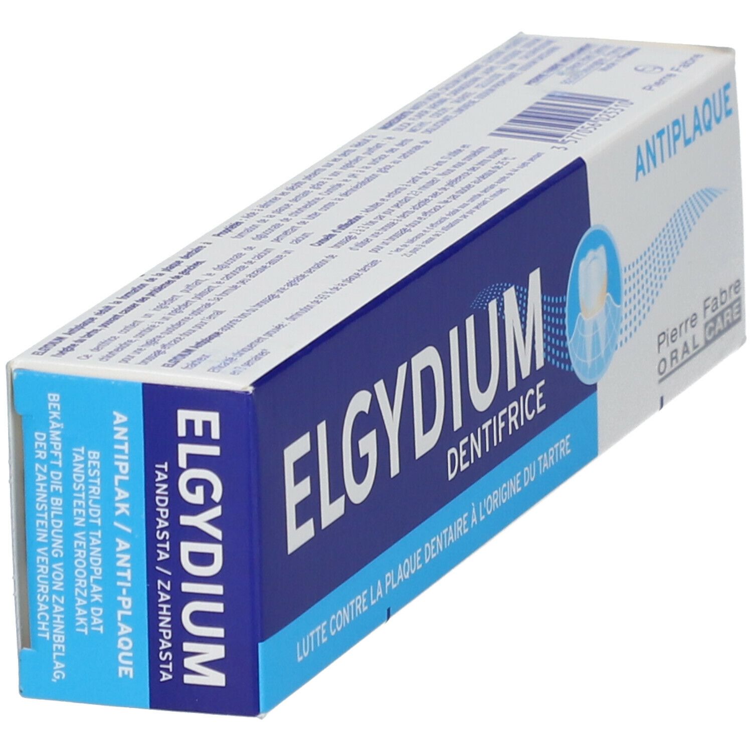 Zahncreme-Verpackung. Blaue und weiße Schachtel mit "ELGYDIUM" und "ANTI-PLAQUE" Schriftzug. Pierre Fabre Oral Care Logo.