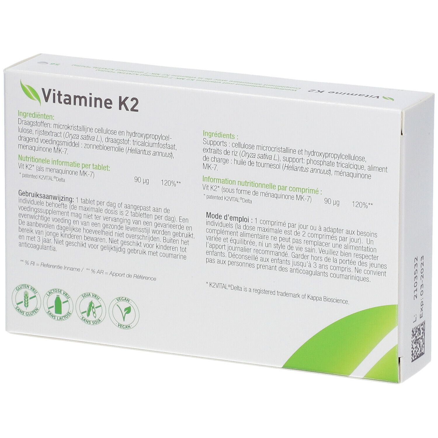 Achterkant van de "Vitamine K2" verpakking. Bevat informatie over ingrediënten en dosering. Merk: Metagenics.