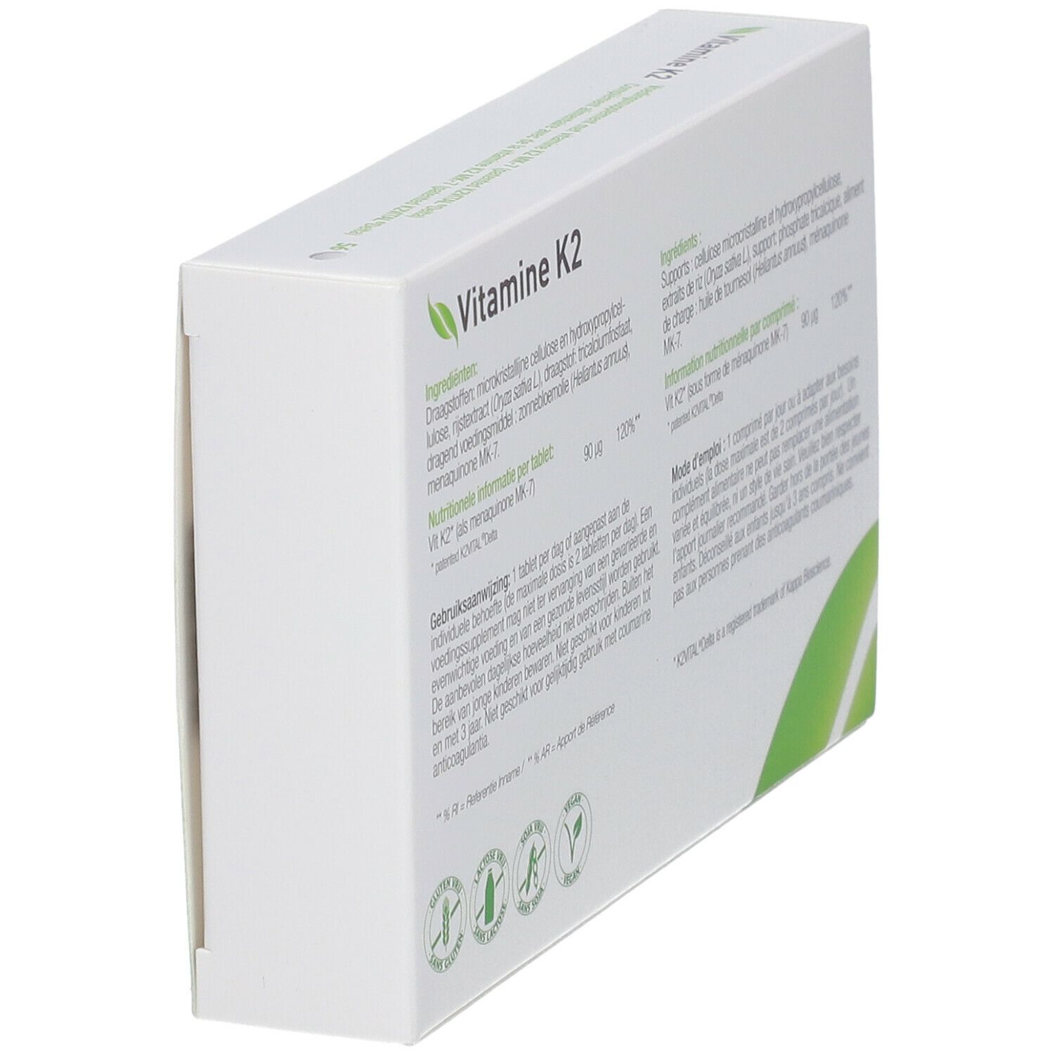 Zijaanzicht van de "Vitamine K2" verpakking met ingrediënten informatie. Merk: Metagenics.