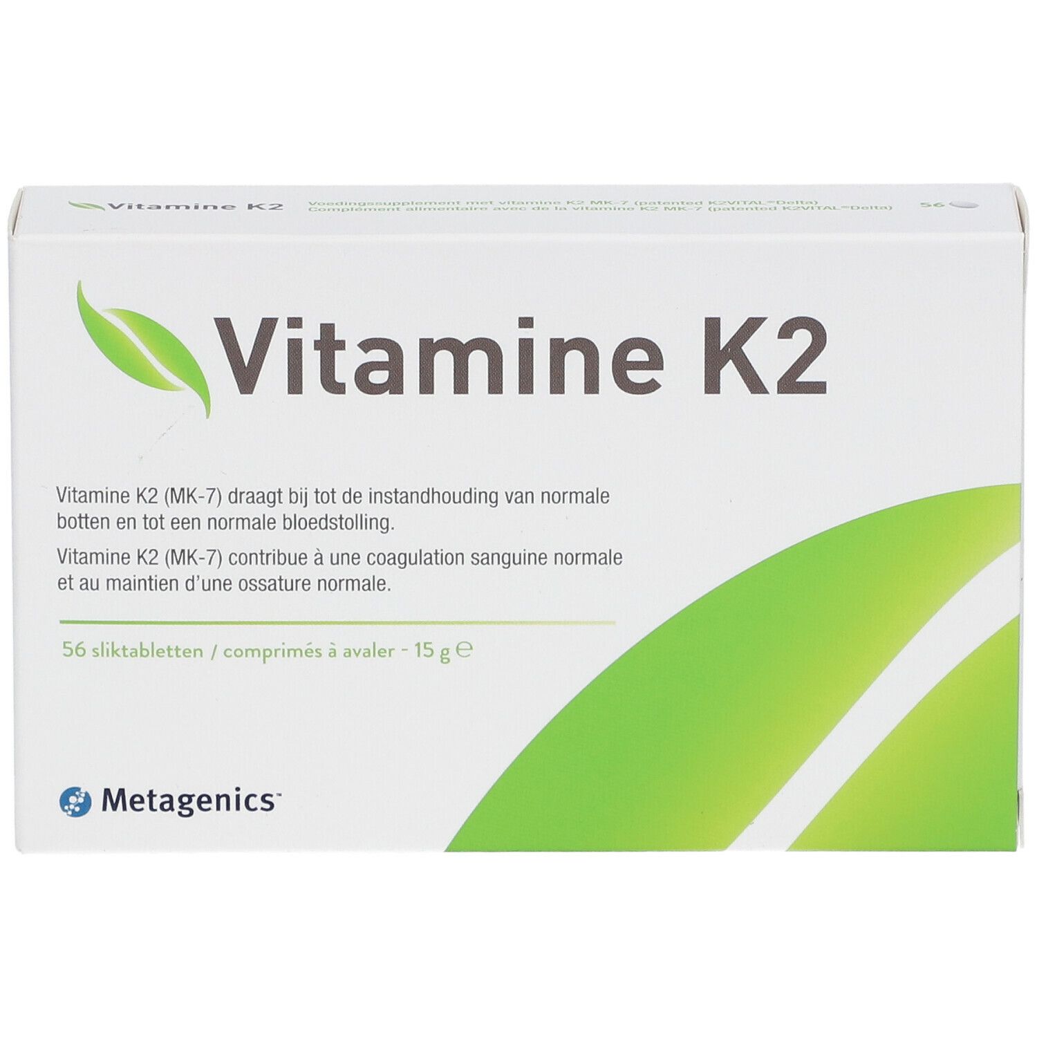 Witte doos met "Vitamine K2" en groene bladeren. Merk: Metagenics. 56 tabletten.