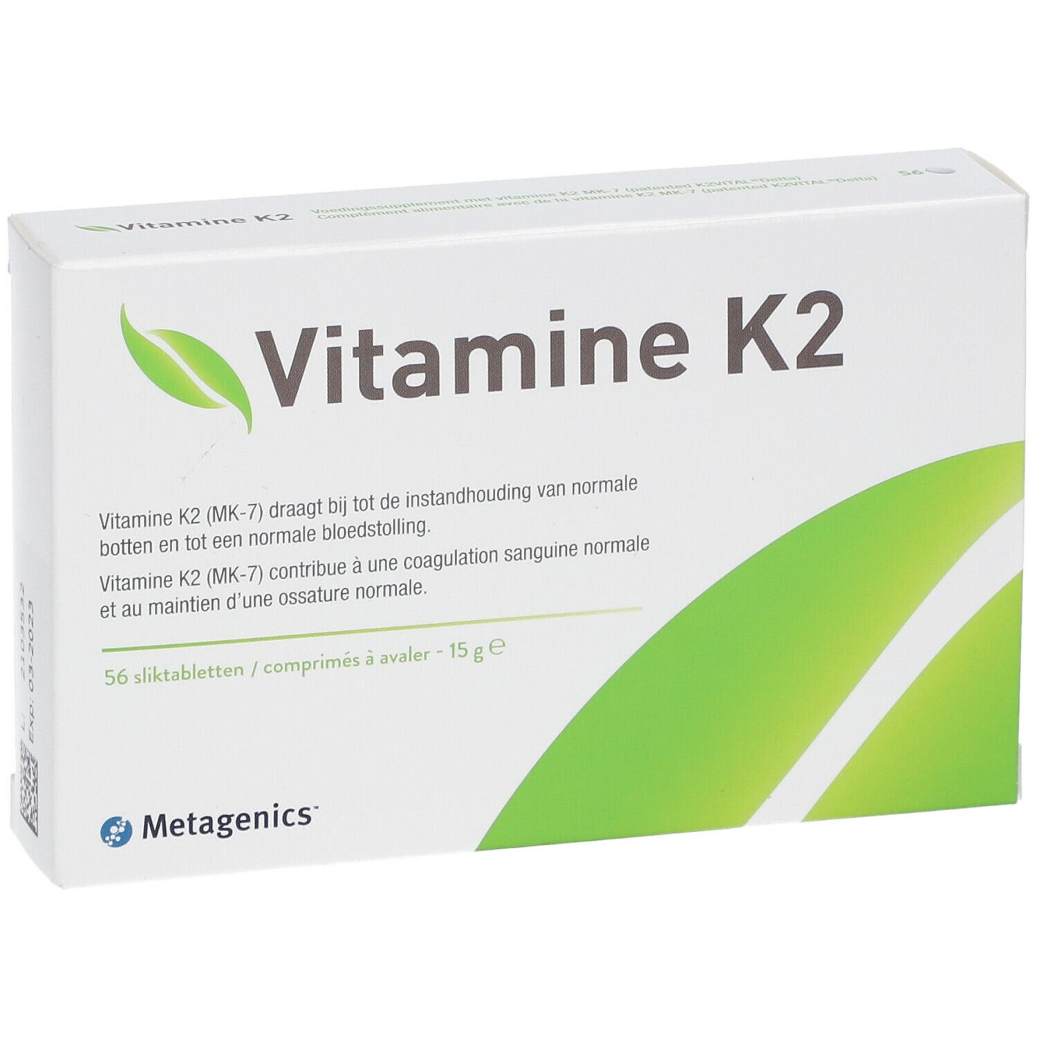 Witte doos met "Vitamine K2" en groene bladeren. Merk: Metagenics. 56 tabletten.