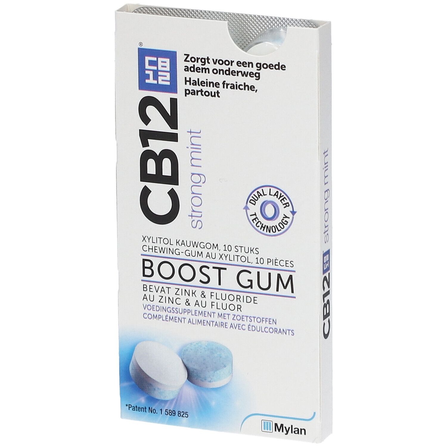 Emballage de chewing-gums CB12 Boost Strong Mint. Contient 10 pièces. Gommes à mâcher blanches et bleues visibles.
