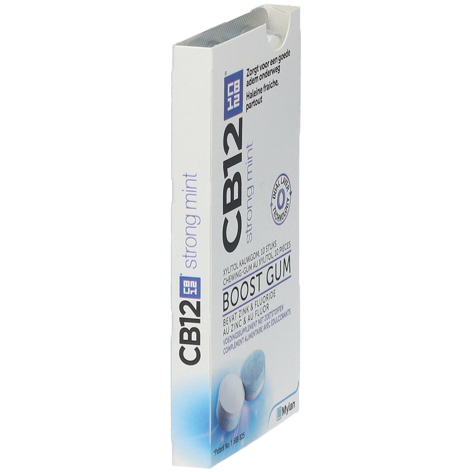 Emballage de chewing-gums CB12 Boost Strong Mint. Boîte blanche avec nom du produit et gommes.
