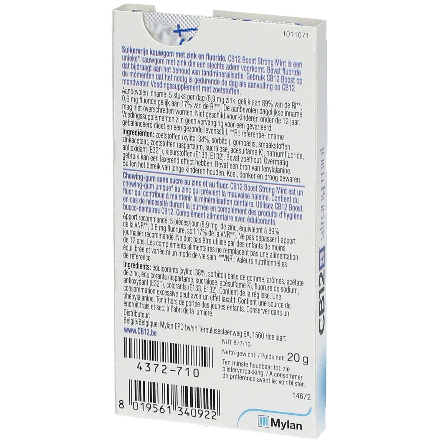 Dos de l'emballage de chewing-gums CB12 Boost Strong Mint. Informations textuelles et ingrédients.