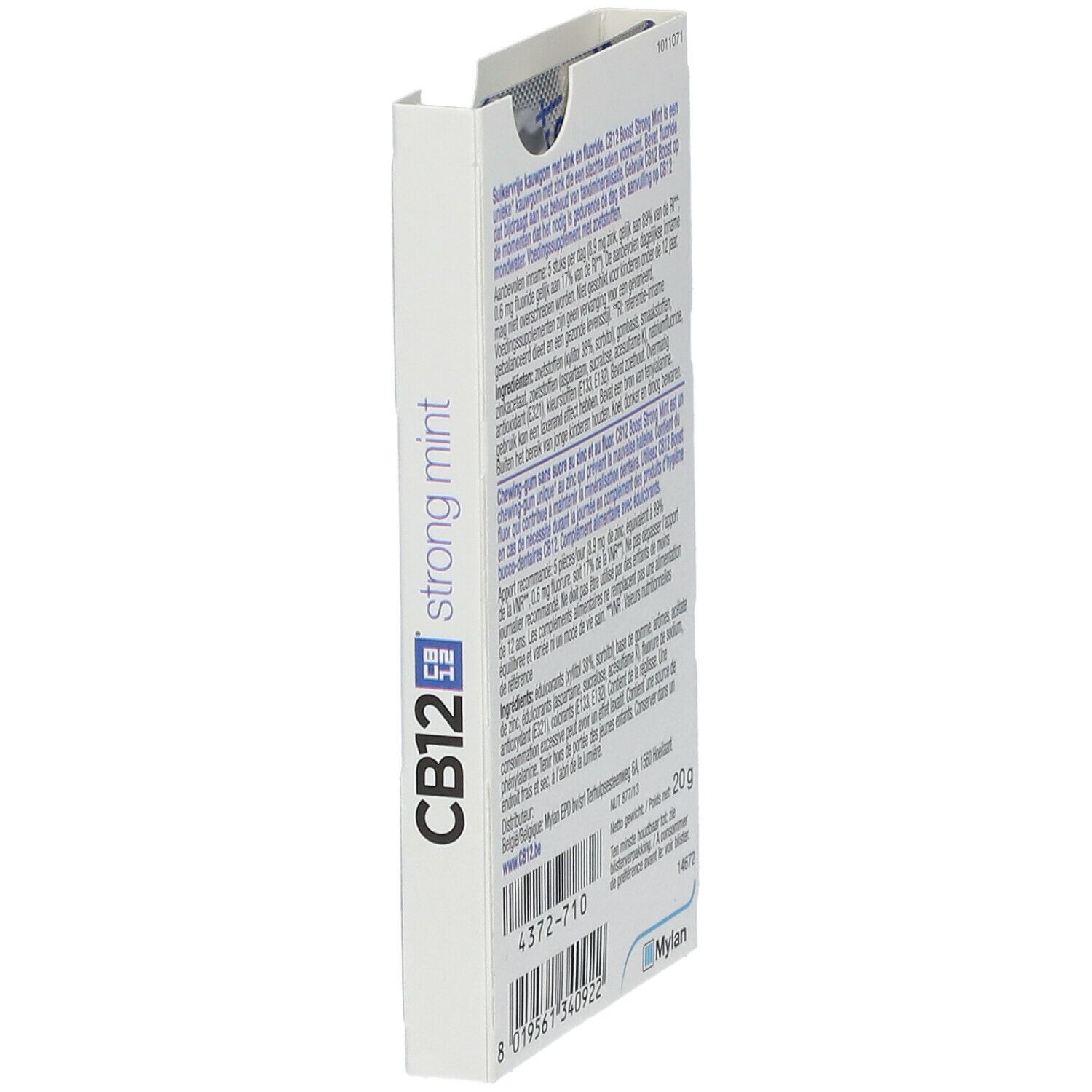 Emballage de chewing-gums CB12 Boost Strong Mint. Vue latérale avec nom du produit et texte.