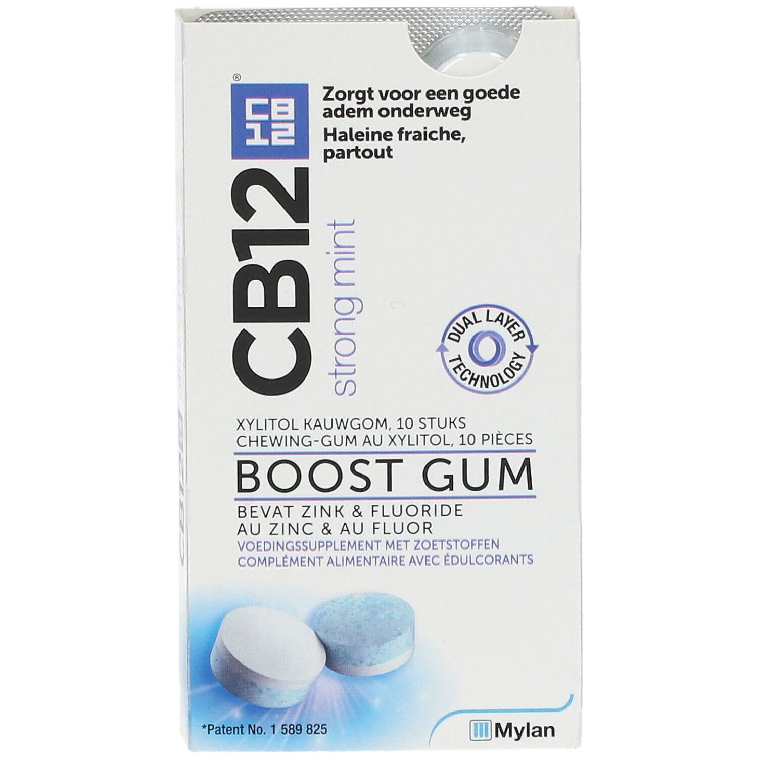 Emballage de chewing-gums CB12 Boost Strong Mint. Contient 10 pièces. Gommes à mâcher blanches et bleues visibles.