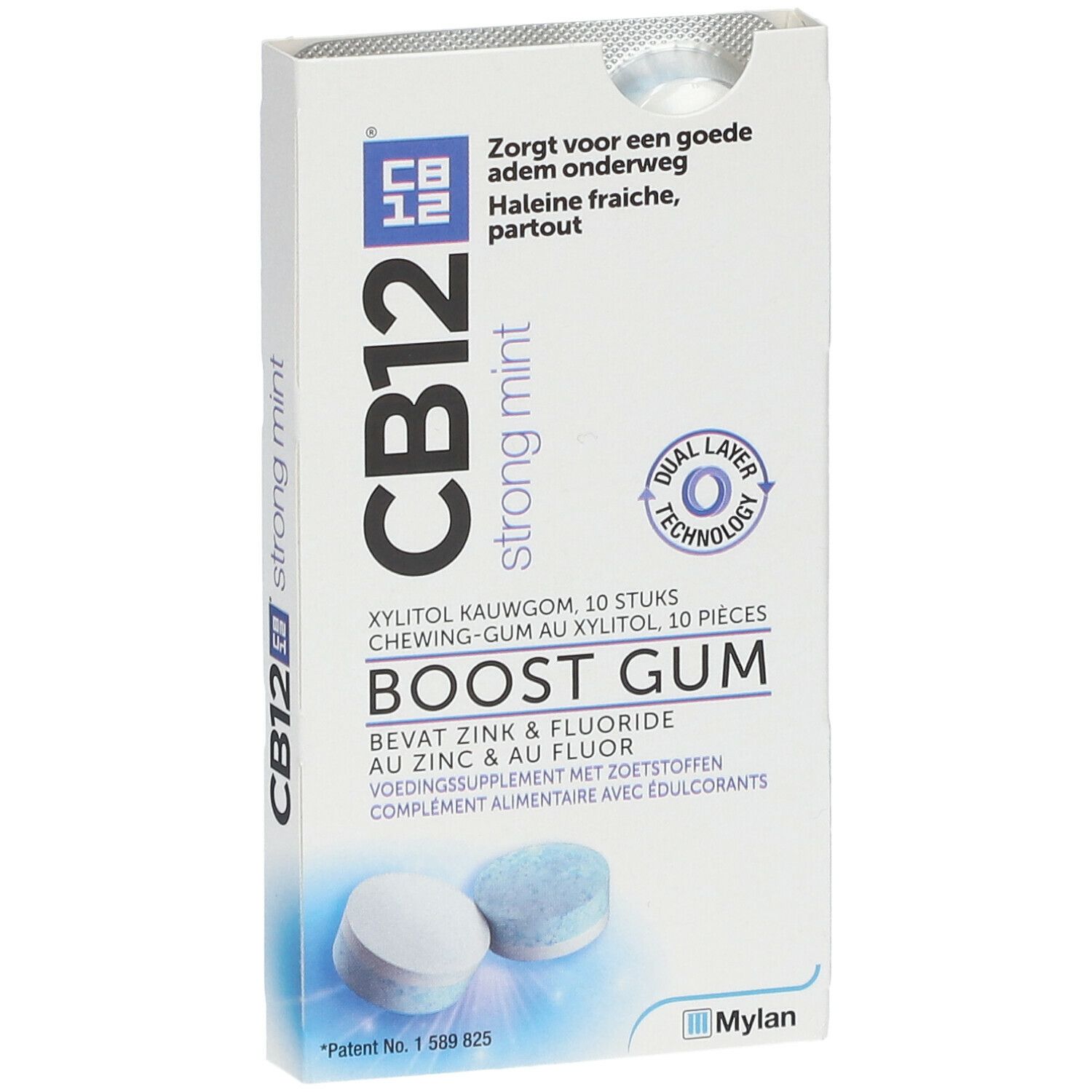 Emballage de chewing-gums CB12 Boost Strong Mint. Contient 10 pièces. Gommes à mâcher blanches et bleues visibles.