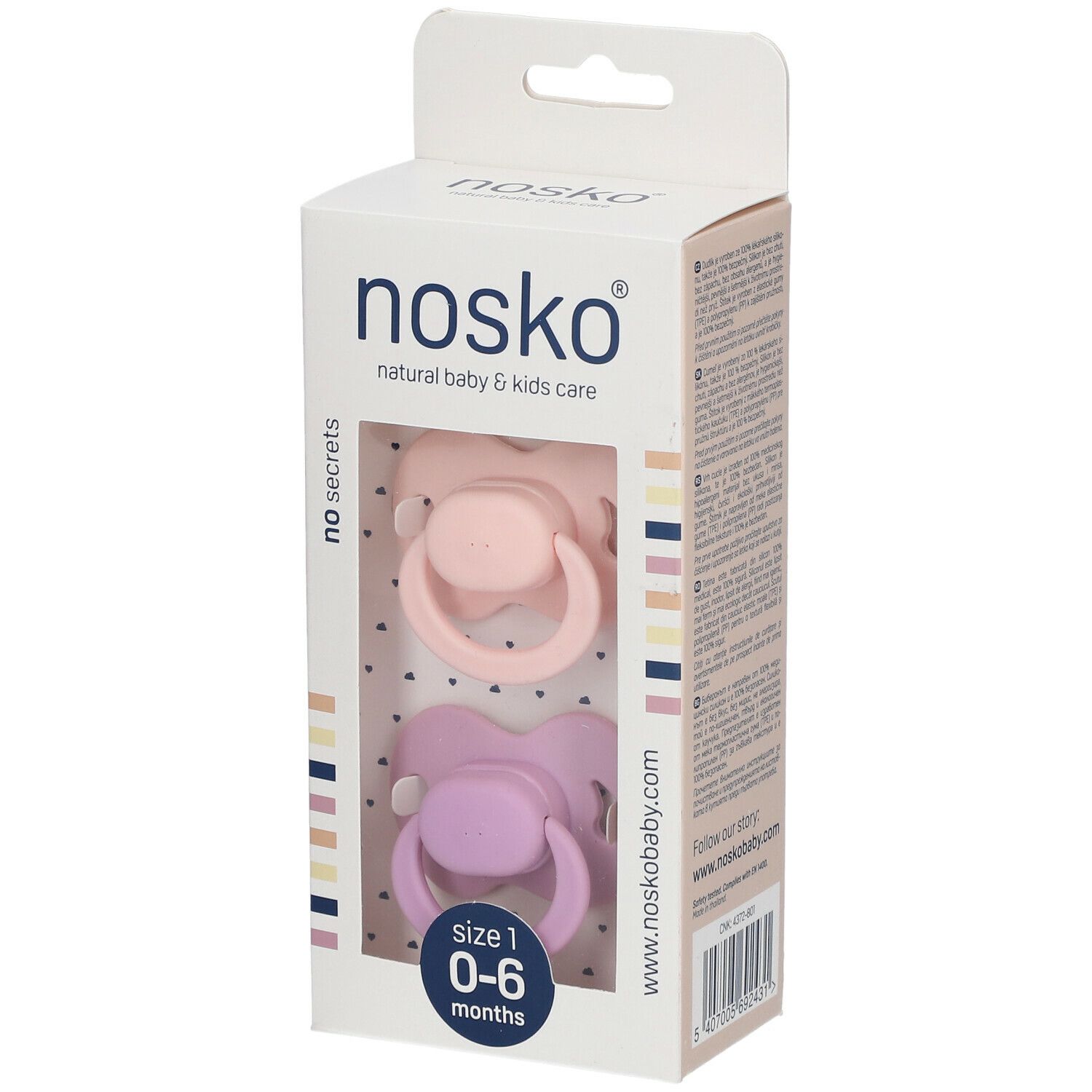 Verpakking met twee roze en lila fopspenen. Transparant venster. Merk nosko®. Maat 1, 0-6 maanden.
