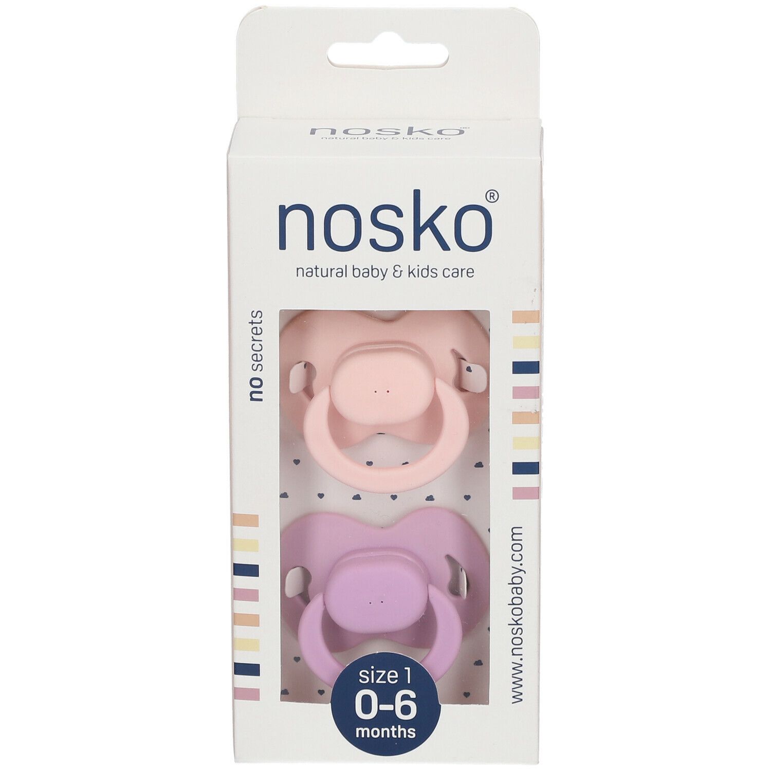 Verpakking met twee roze en lila fopspenen. Transparant venster. Merk nosko®. Maat 1, 0-6 maanden.