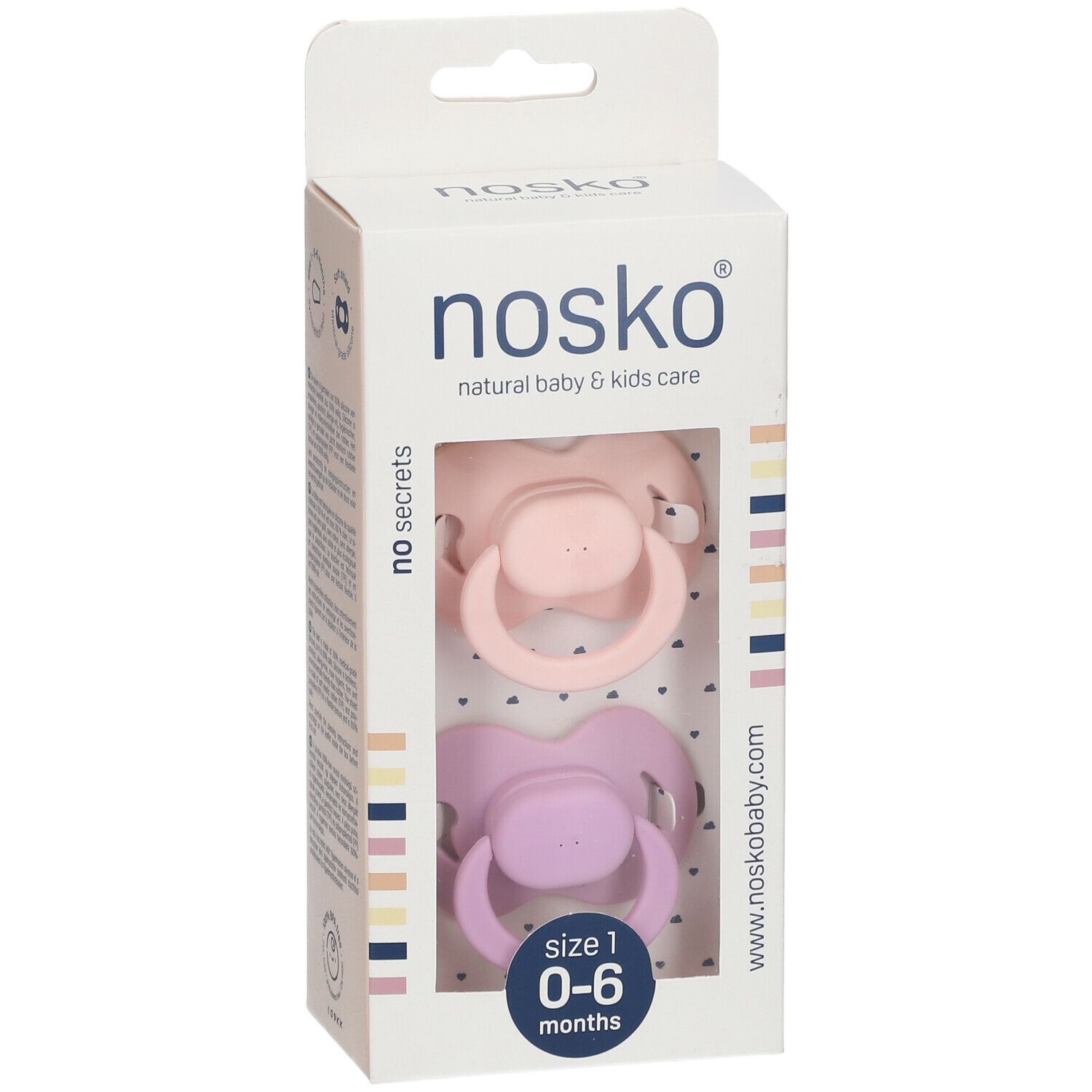 Verpakking met twee roze en lila fopspenen. Transparant venster. Merk nosko®. Maat 1, 0-6 maanden.