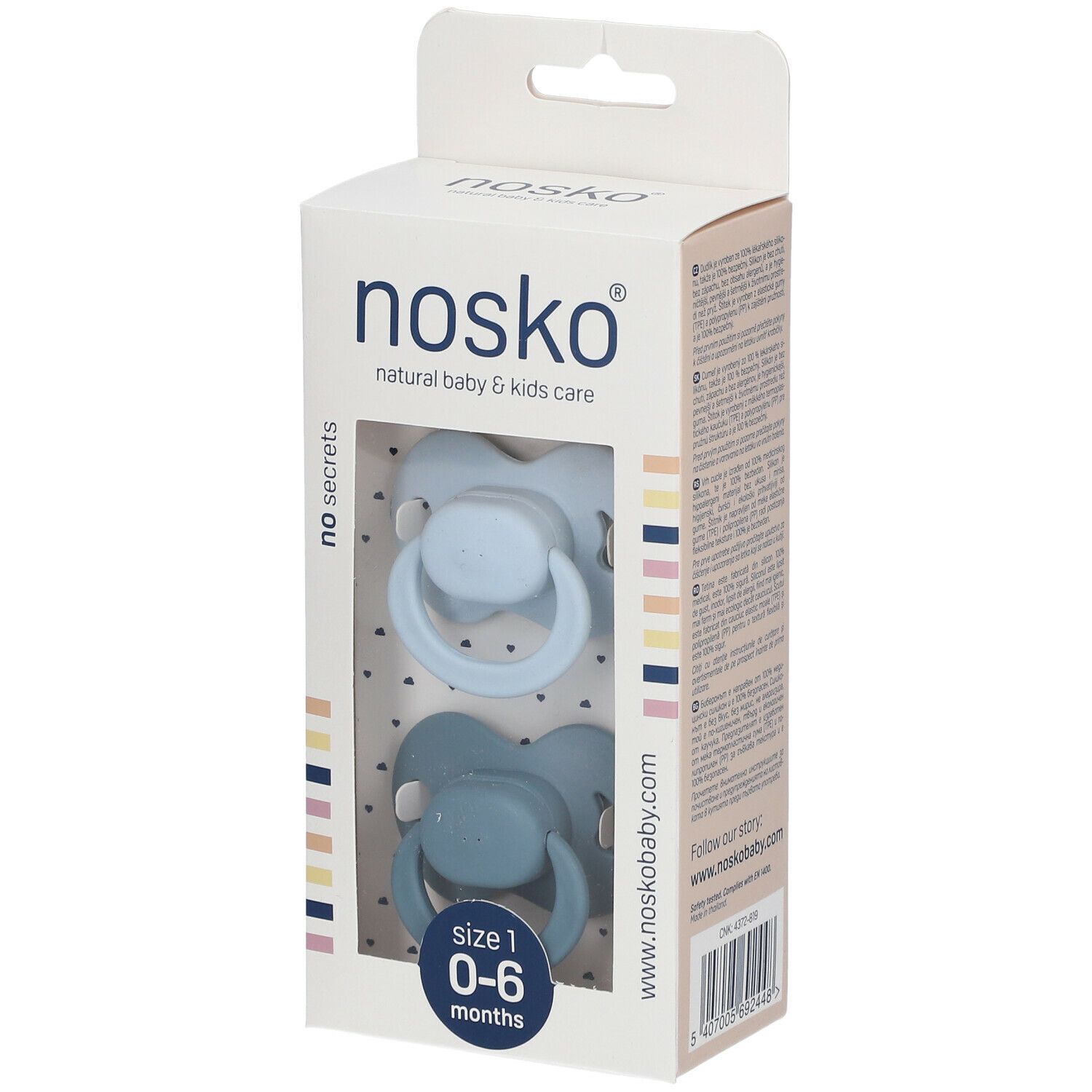 Verpackung mit zwei Schnullern in Babyblau und Blauwalblau. Aufdruck: nosko®, Größe 1, 0-6 Monate.