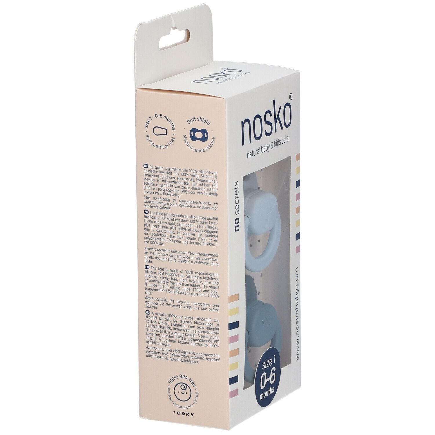 Seitenansicht der Verpackung mit zwei Schnullern. Aufdruck: nosko®, Größe 1, 0-6 Monate. Text in mehreren Sprachen.