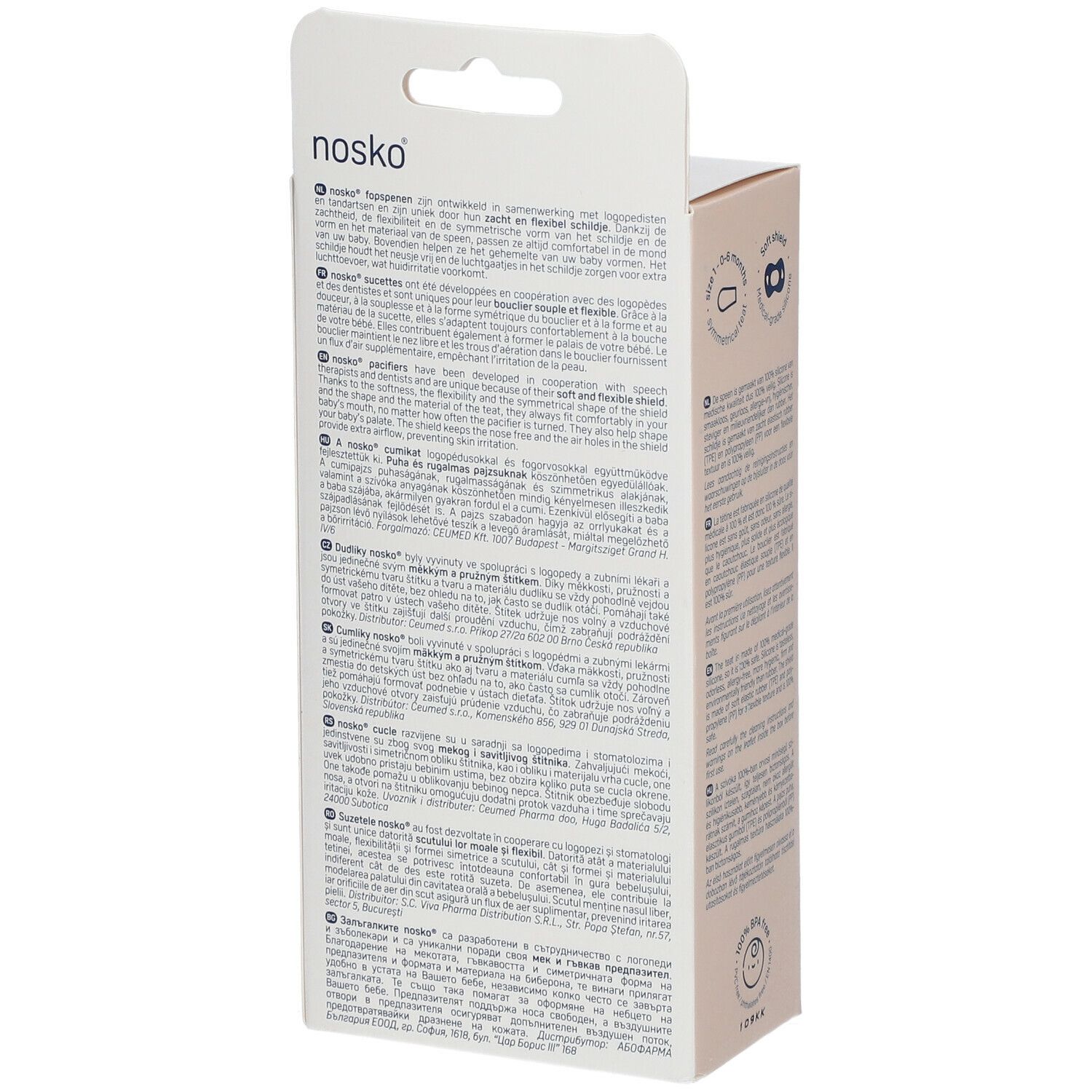 Rückseite der Verpackung mit Text in mehreren Sprachen. Aufdruck: nosko®.