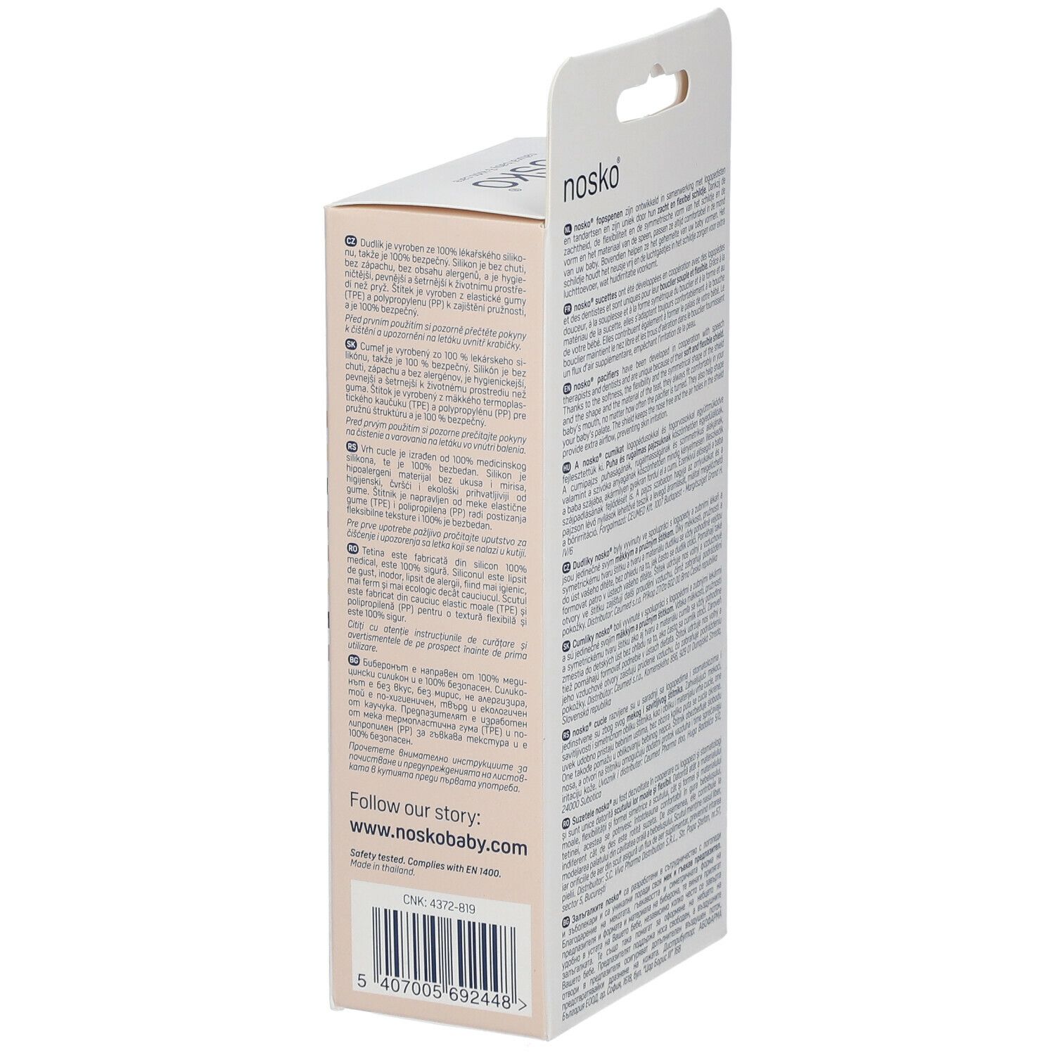 Seitenansicht der Verpackung mit Text in mehreren Sprachen. Aufdruck: nosko®, www.noskobaby.com.