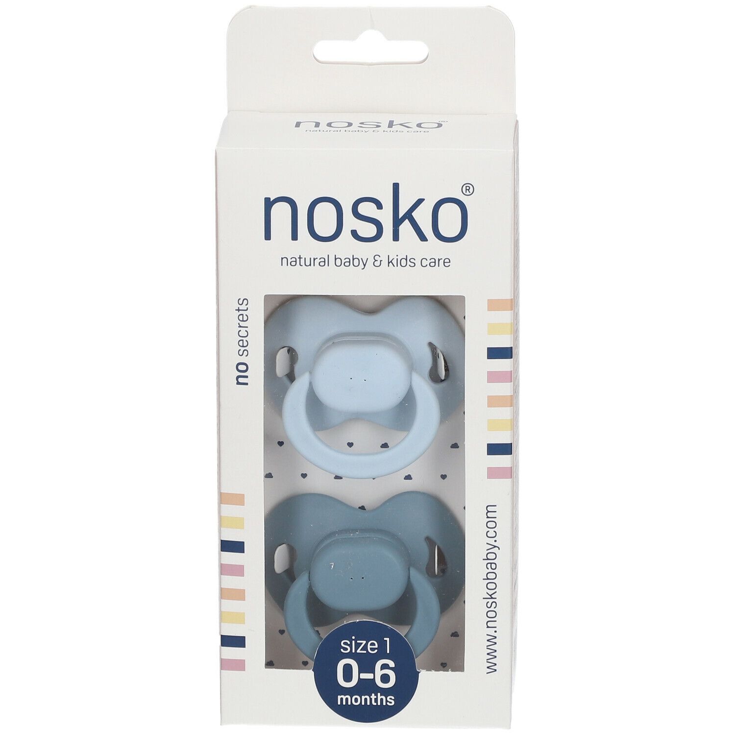 Verpackung mit zwei Schnullern in Babyblau und Blauwalblau. Aufdruck: nosko®, Größe 1, 0-6 Monate.