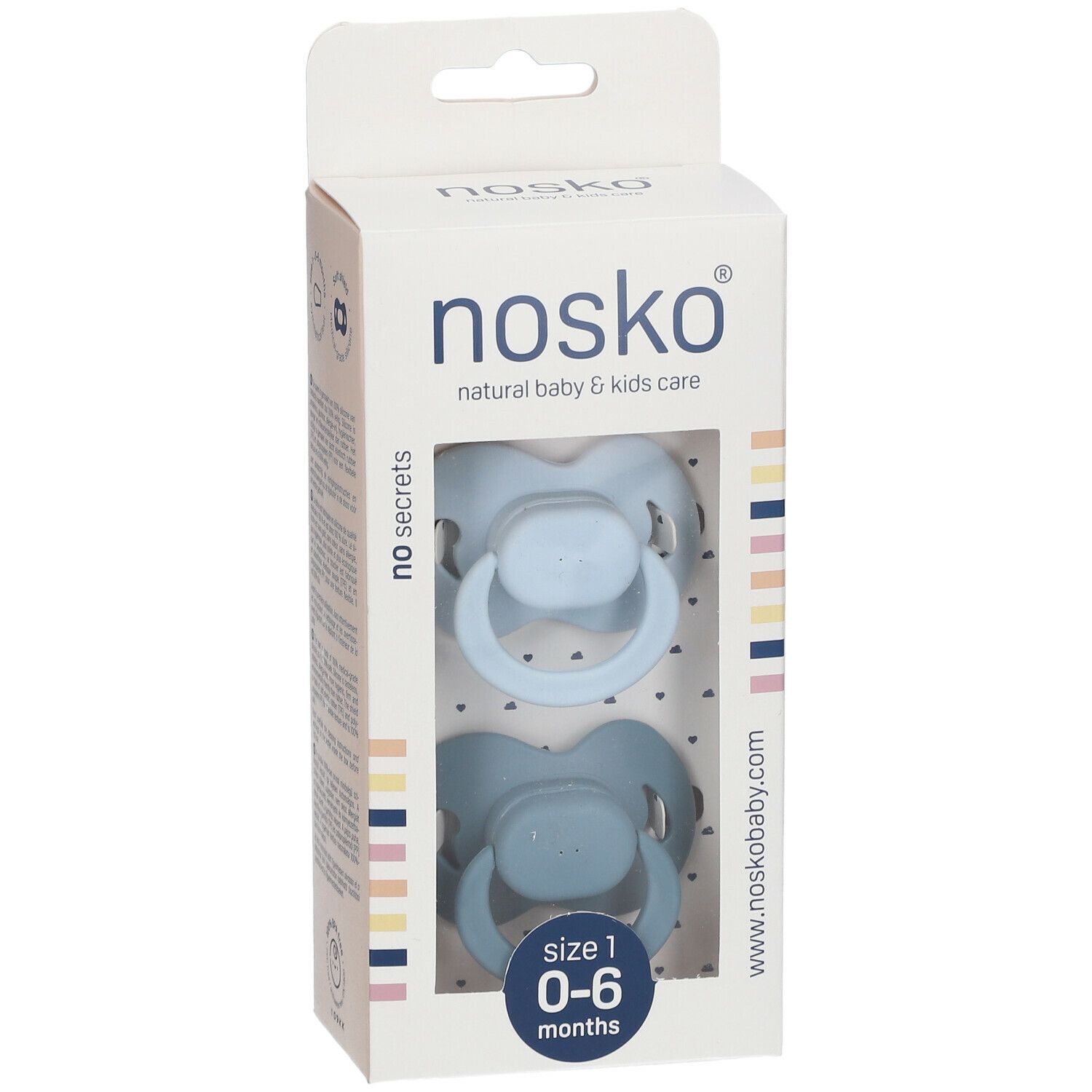 Verpackung mit zwei Schnullern in Babyblau und Blauwalblau. Aufdruck: nosko®, Größe 1, 0-6 Monate.