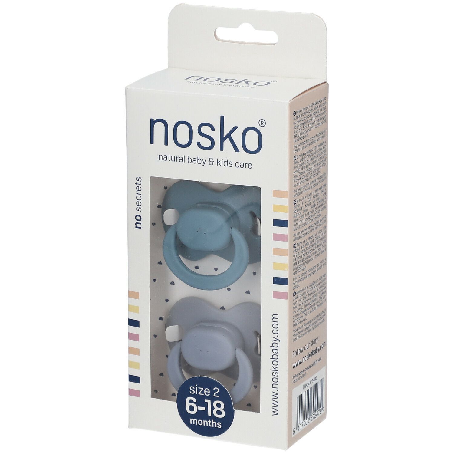 Verpakking met twee blauwe en grijze fopspenen. Merk nosko®. Maat 2, 6-18 maanden.