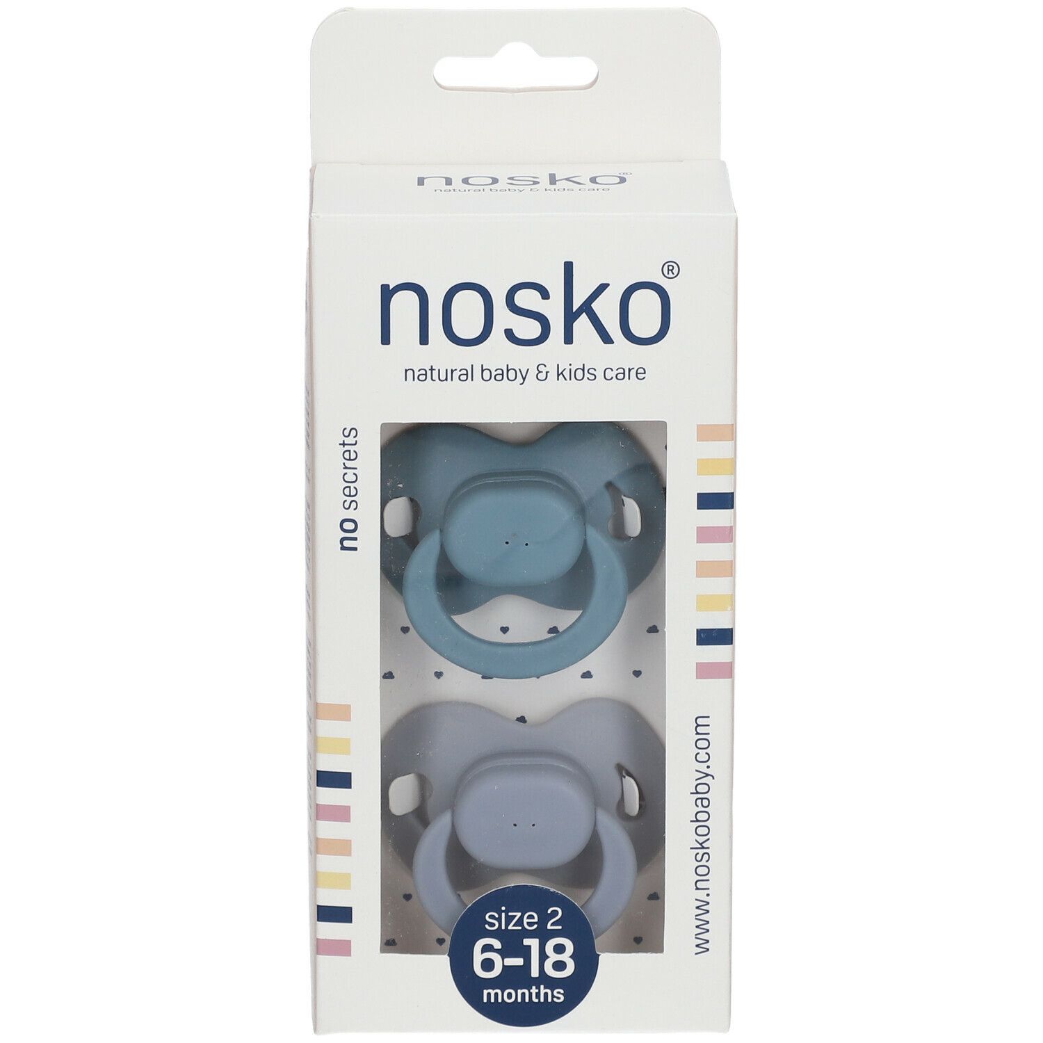 Verpakking met twee blauwe en grijze fopspenen. Merk nosko®. Maat 2, 6-18 maanden.