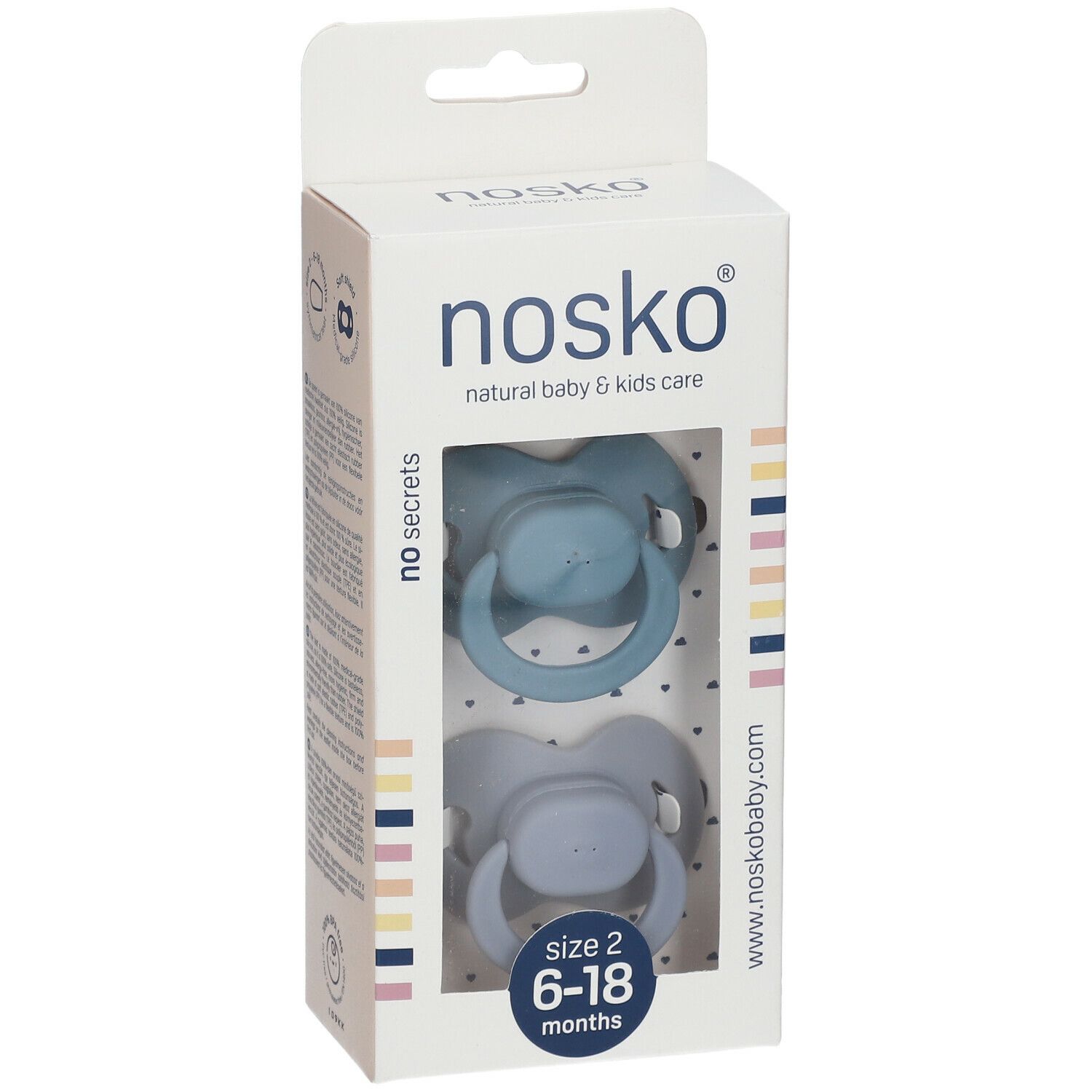 Verpakking met twee blauwe en grijze fopspenen. Merk nosko®. Maat 2, 6-18 maanden.