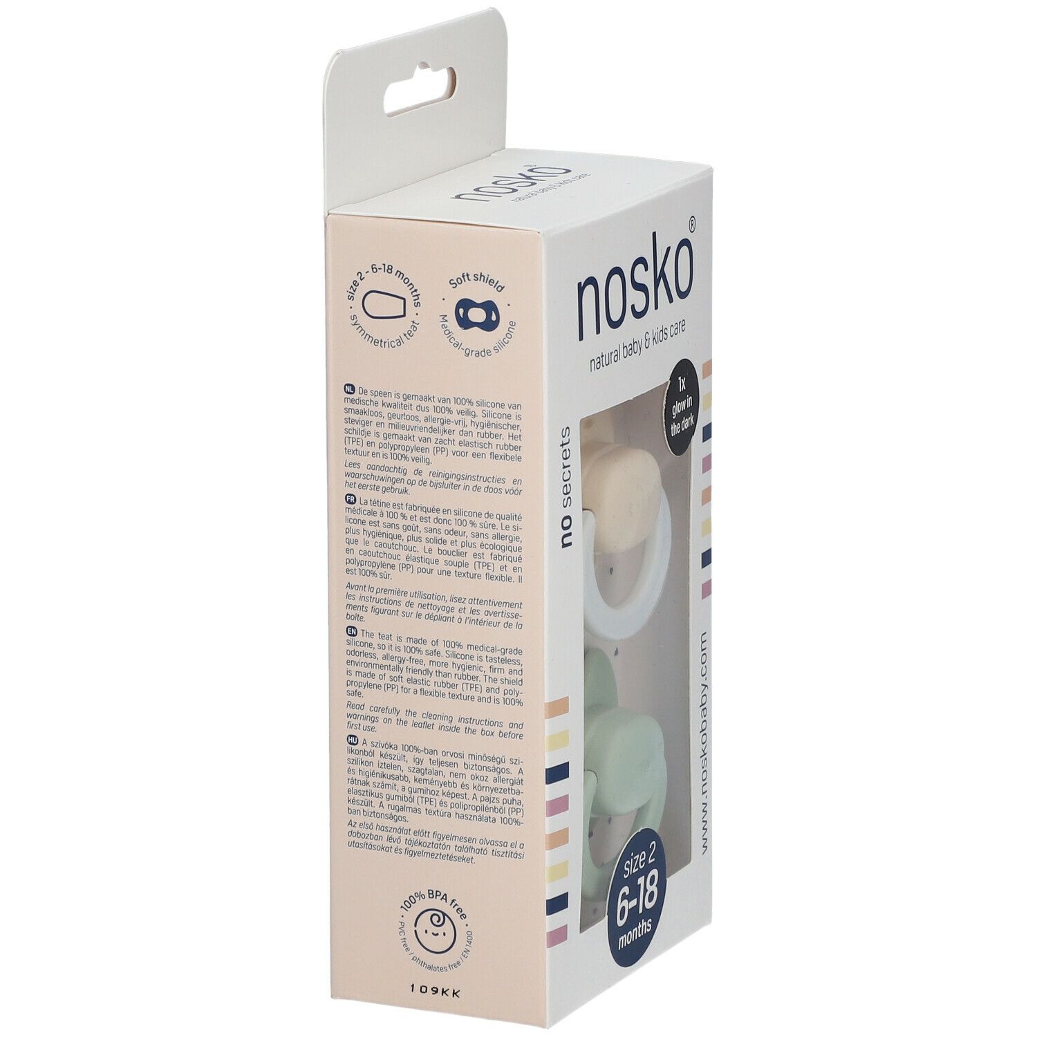 Verpakking met twee fopspenen. Beige en groen. Maat 2, 6-18 maanden. Merk nosko®. Zijaanzicht.
