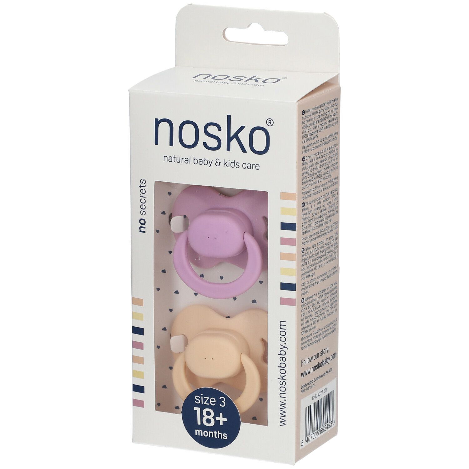 Verpakking met twee fopspenen. Zichtbaar: paars en beige. Opschrift: nosko®, Size 3, 18+ maanden.