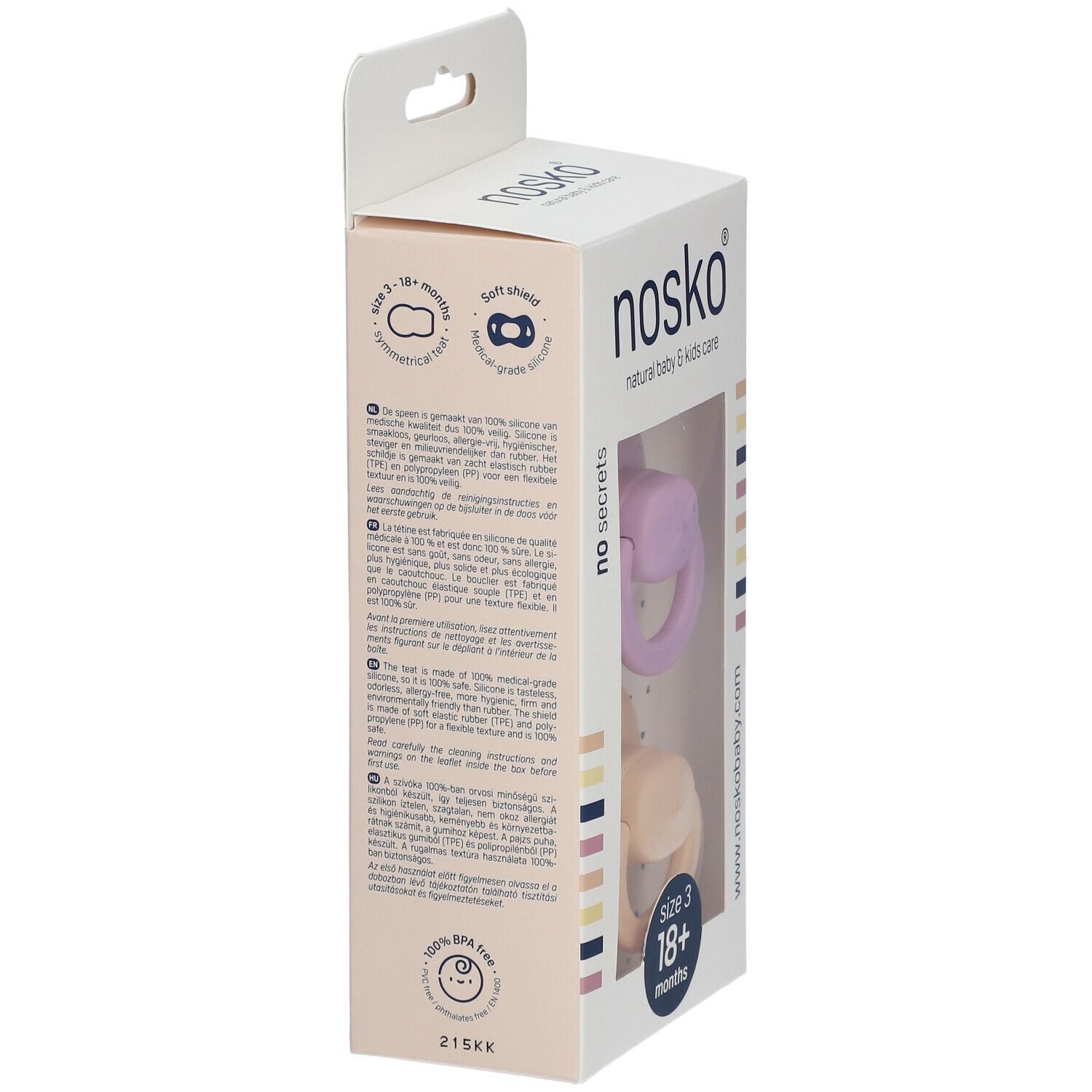 Verpakking met twee fopspenen. Zichtbaar: paars en beige. Opschrift: nosko®, Size 3, 18+ maanden. Zijaanzicht.