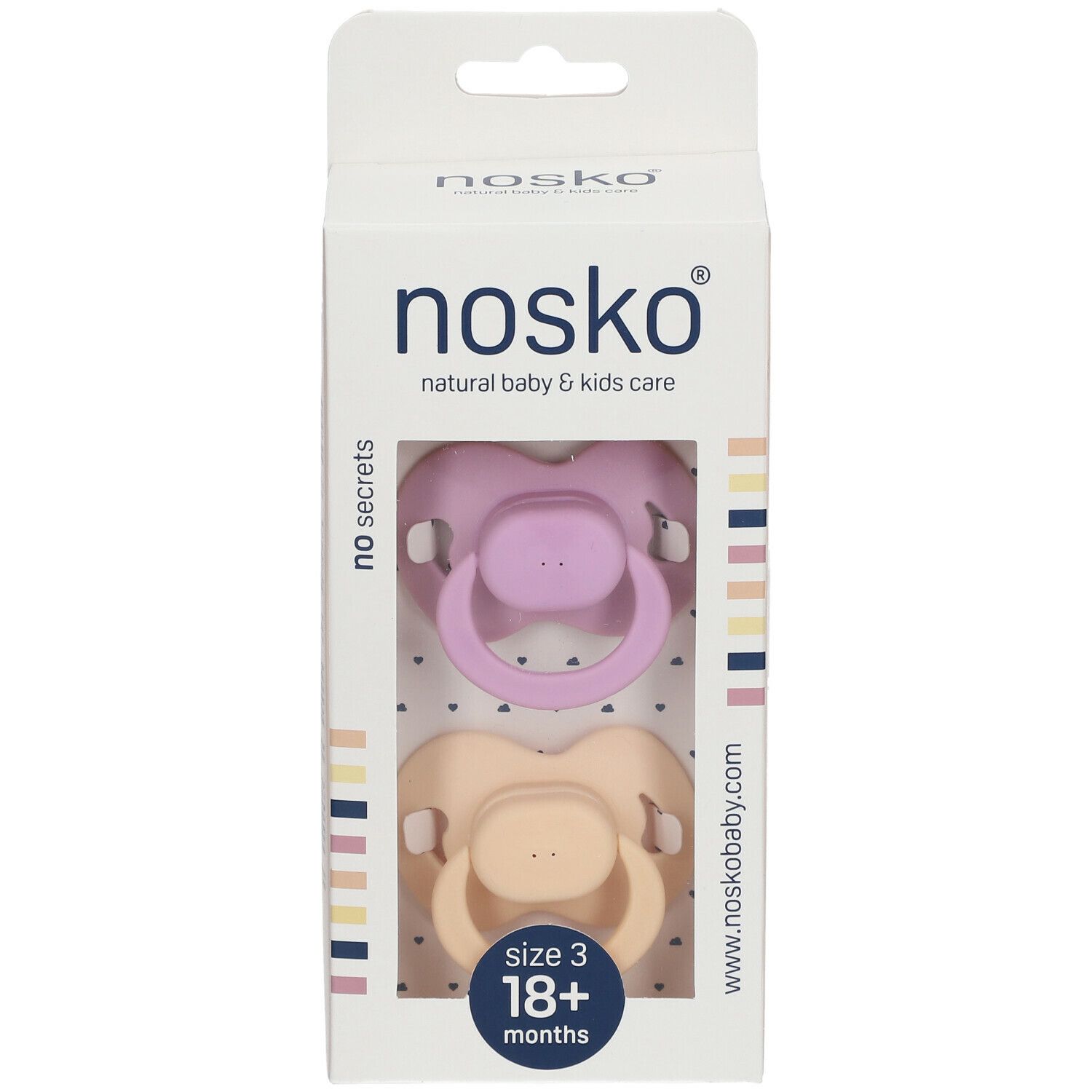 Verpakking met twee fopspenen. Zichtbaar: paars en beige. Opschrift: nosko®, Size 3, 18+ maanden.