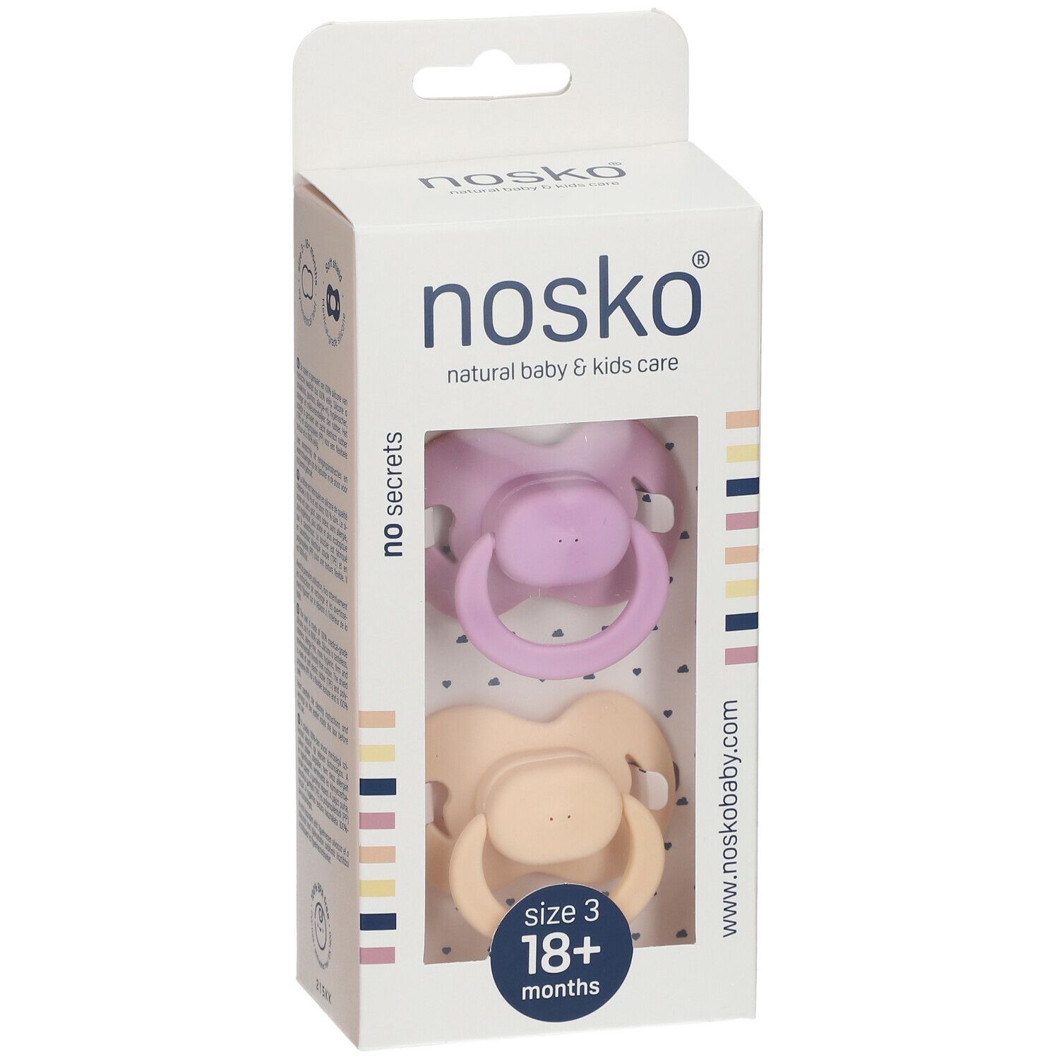 Verpakking met twee fopspenen. Zichtbaar: paars en beige. Opschrift: nosko®, Size 3, 18+ maanden.