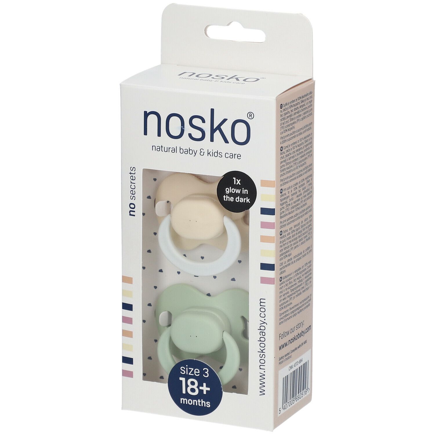 Verpakking met nosko® fopspenen. Maat 3, 18+ maanden. Twee licht, één mint. « 1x glow in the dark ».