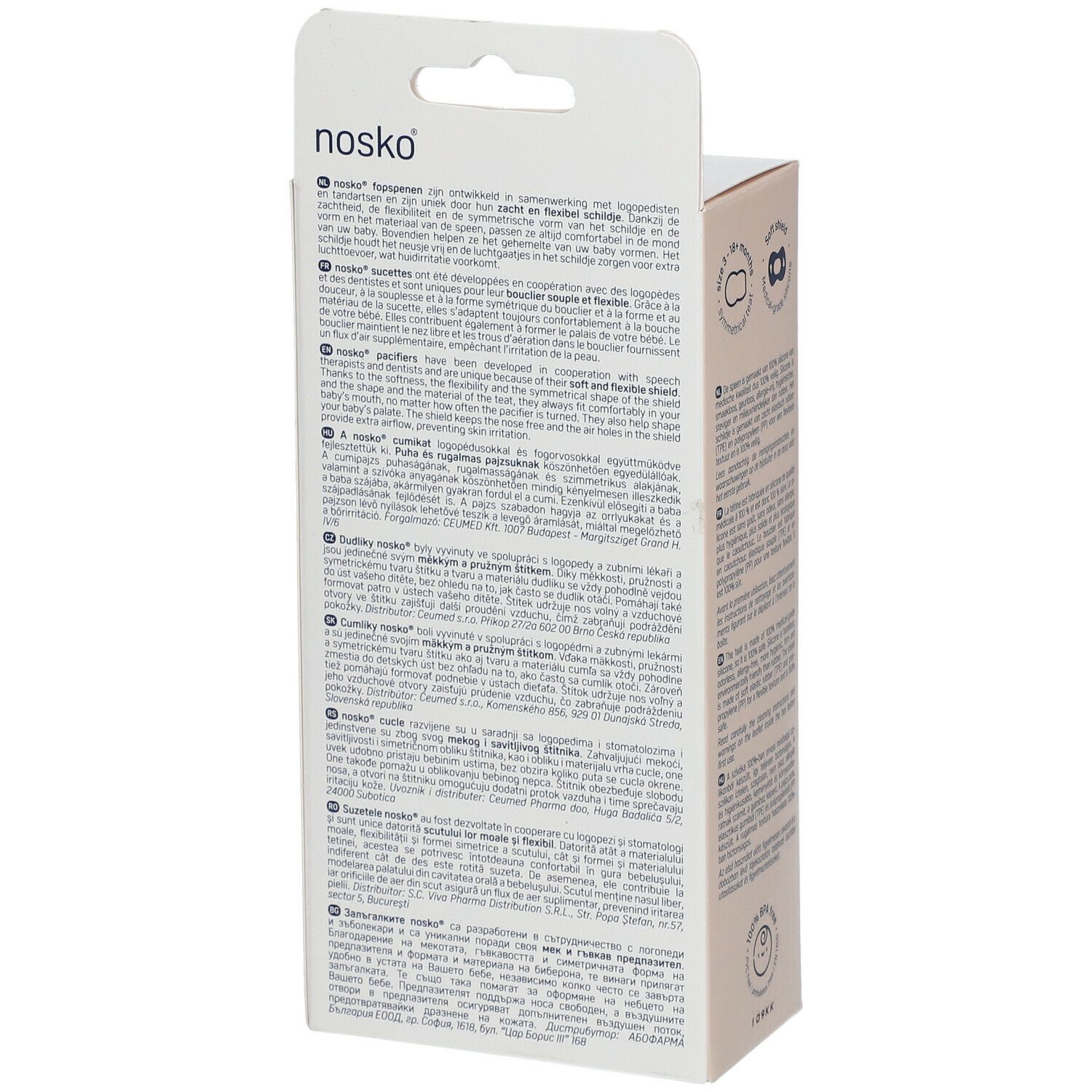Achterkant van de nosko® fopspenen verpakking. Tekst in meerdere talen. Productinformatie.