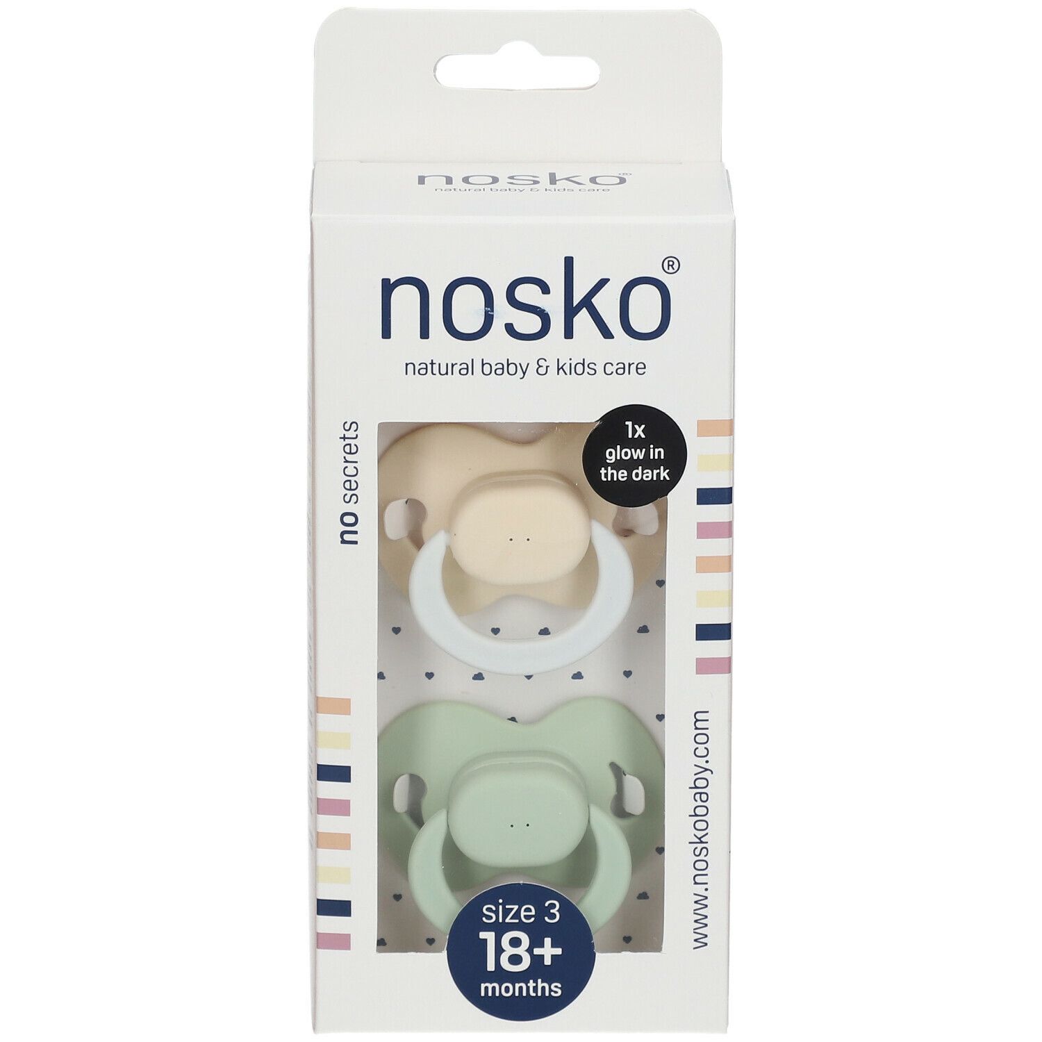 Verpakking met nosko® fopspenen. Maat 3, 18+ maanden. Twee licht, één mint. « 1x glow in the dark ».