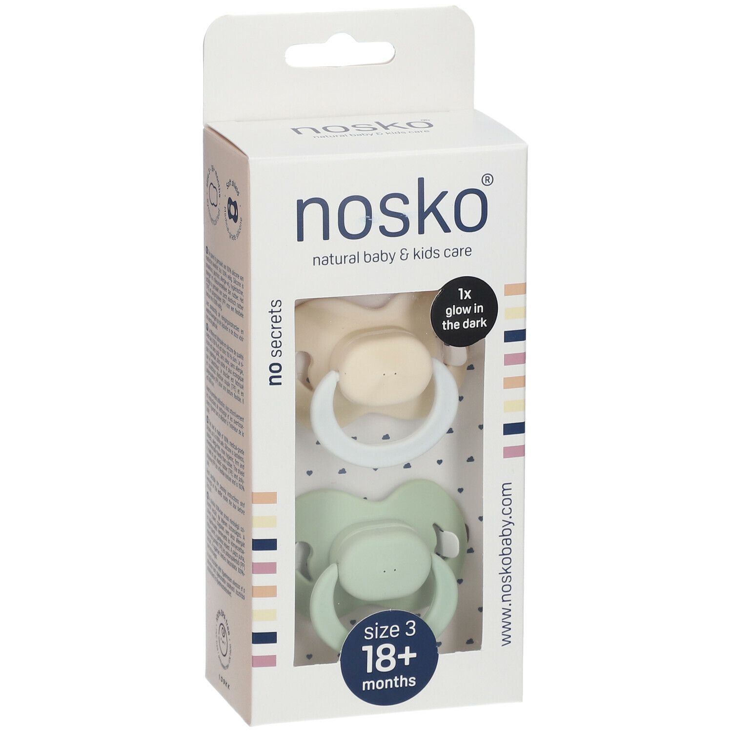Verpakking met nosko® fopspenen. Maat 3, 18+ maanden. Twee licht, één mint. « 1x glow in the dark ».