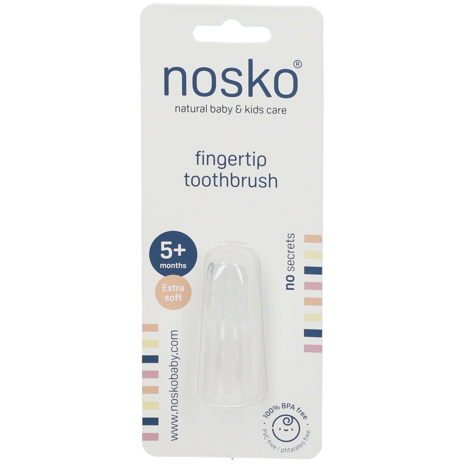 Transparante vinger-tandenborstel op kaart. Merk nosko®, 5+ maanden, extra zacht.