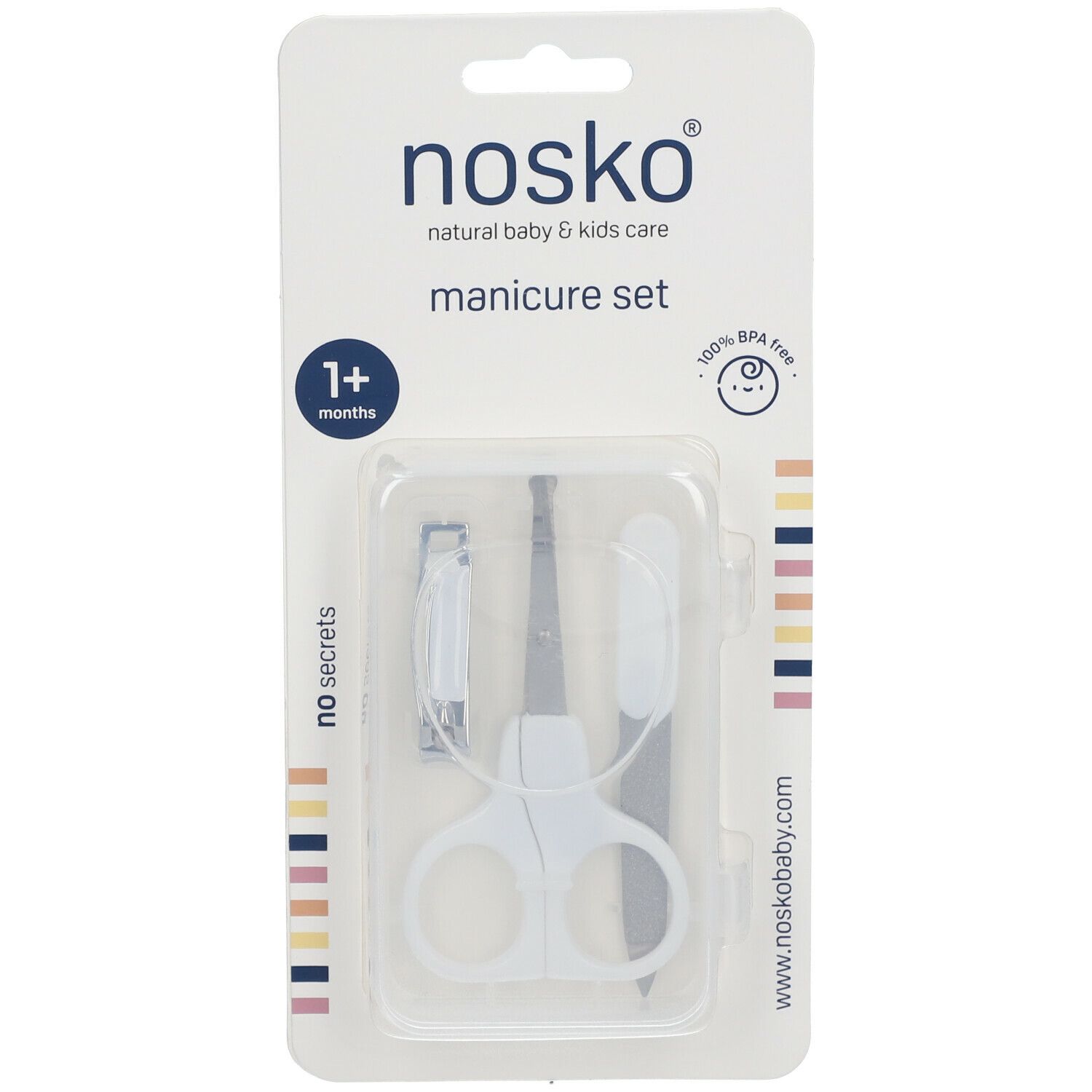 Manicureset voor baby's. Bevat nagelschaar, nagelvijl en nagelknipper. Verpakt in blisterverpakking. Merk: nosko®.
