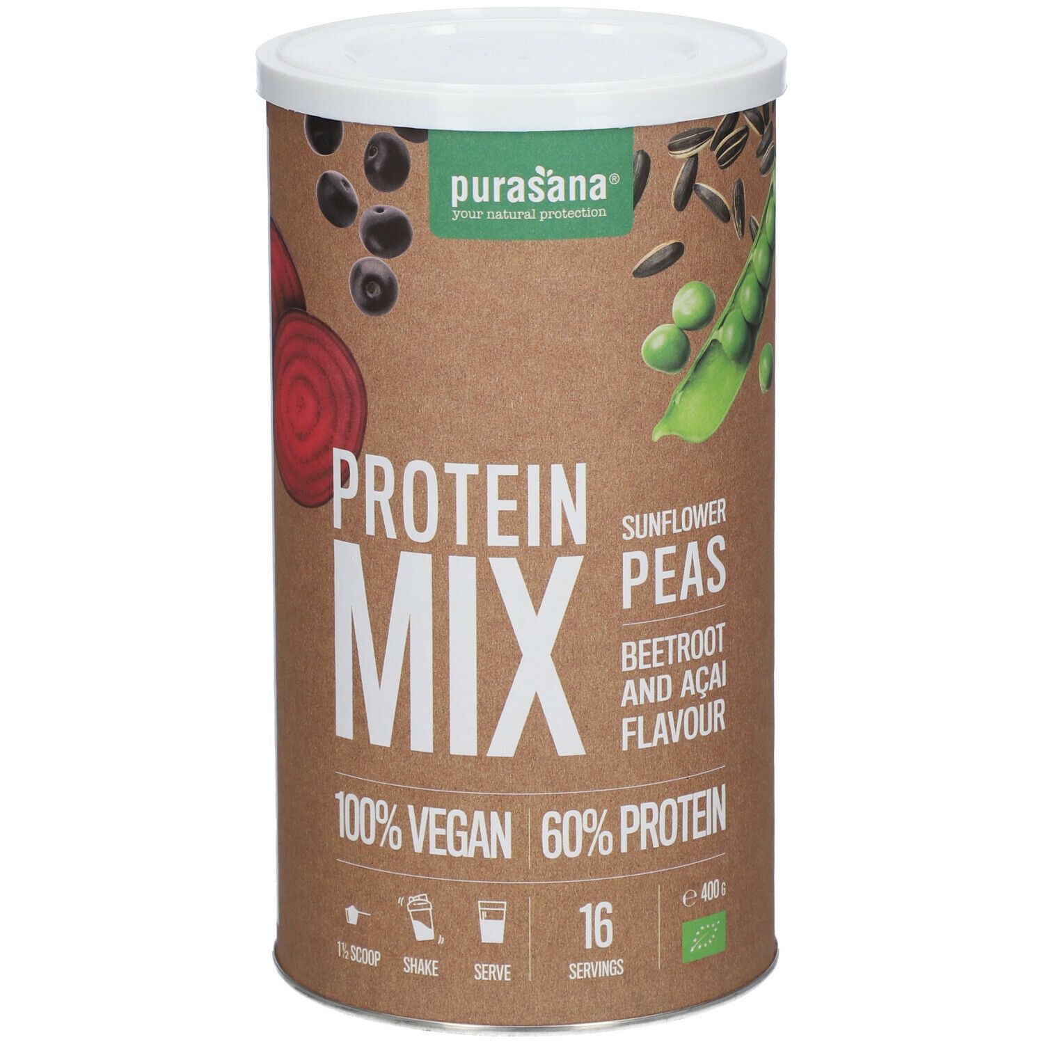 Cilindervormige pot purasana® Vegan Protein Mix. Opschrift: 100% Vegan, 60% Protein. Smaak: rode biet en acai.